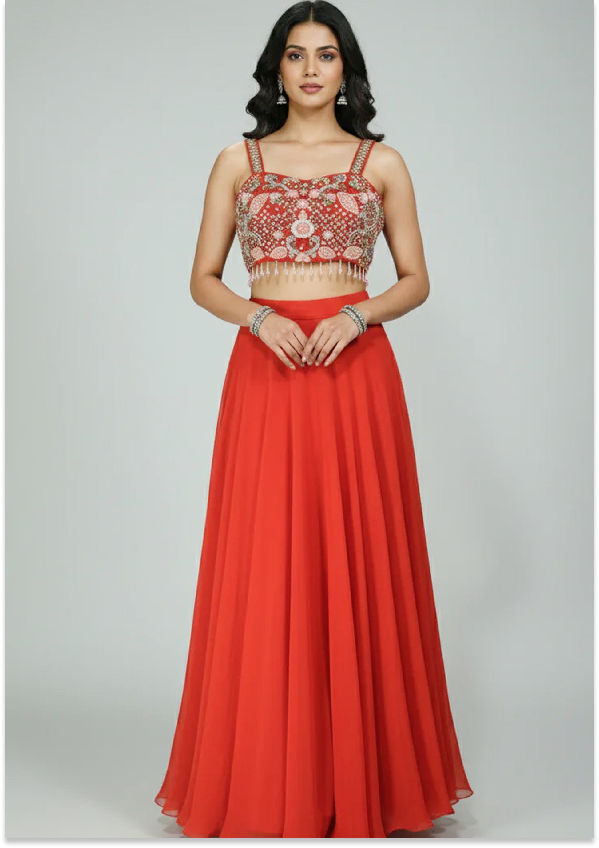 Rust Handcrafted Indo-Western Lehenga with Cape