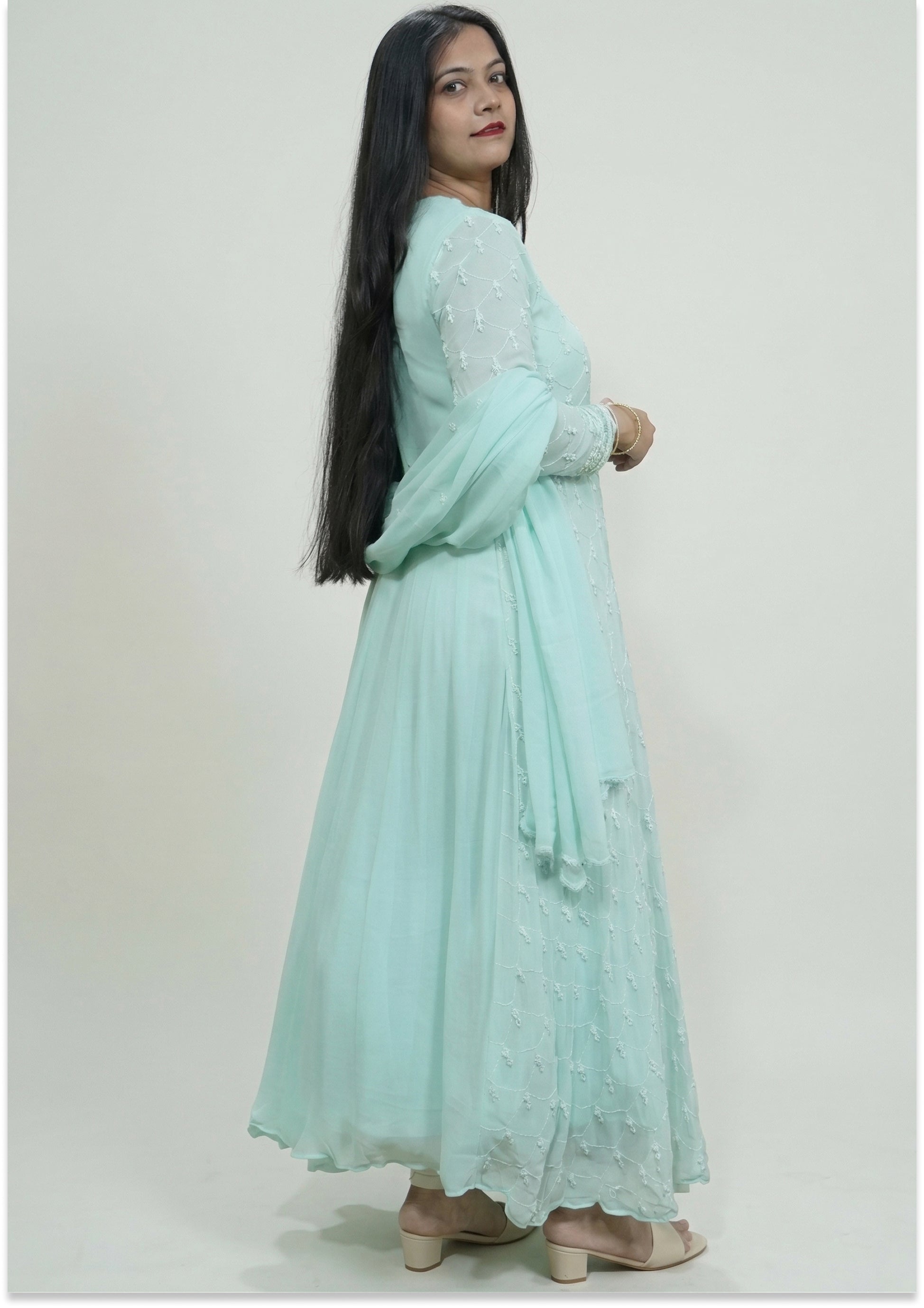 Aqua Green Floor Length Handcrafted Indo-Western 3pc Suit