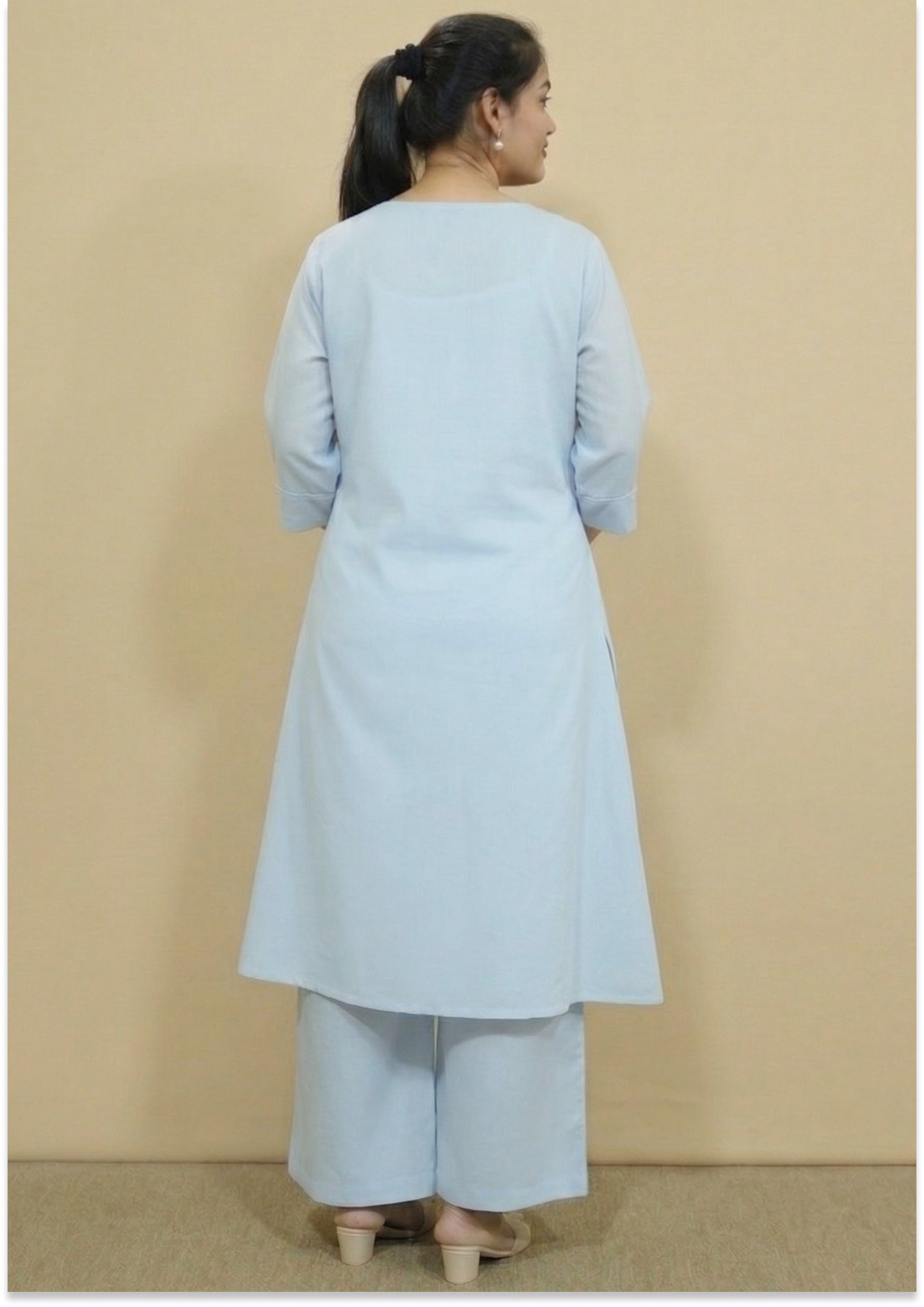 Light Sky-Blue Mul Cotton Handcrafted Suit Set