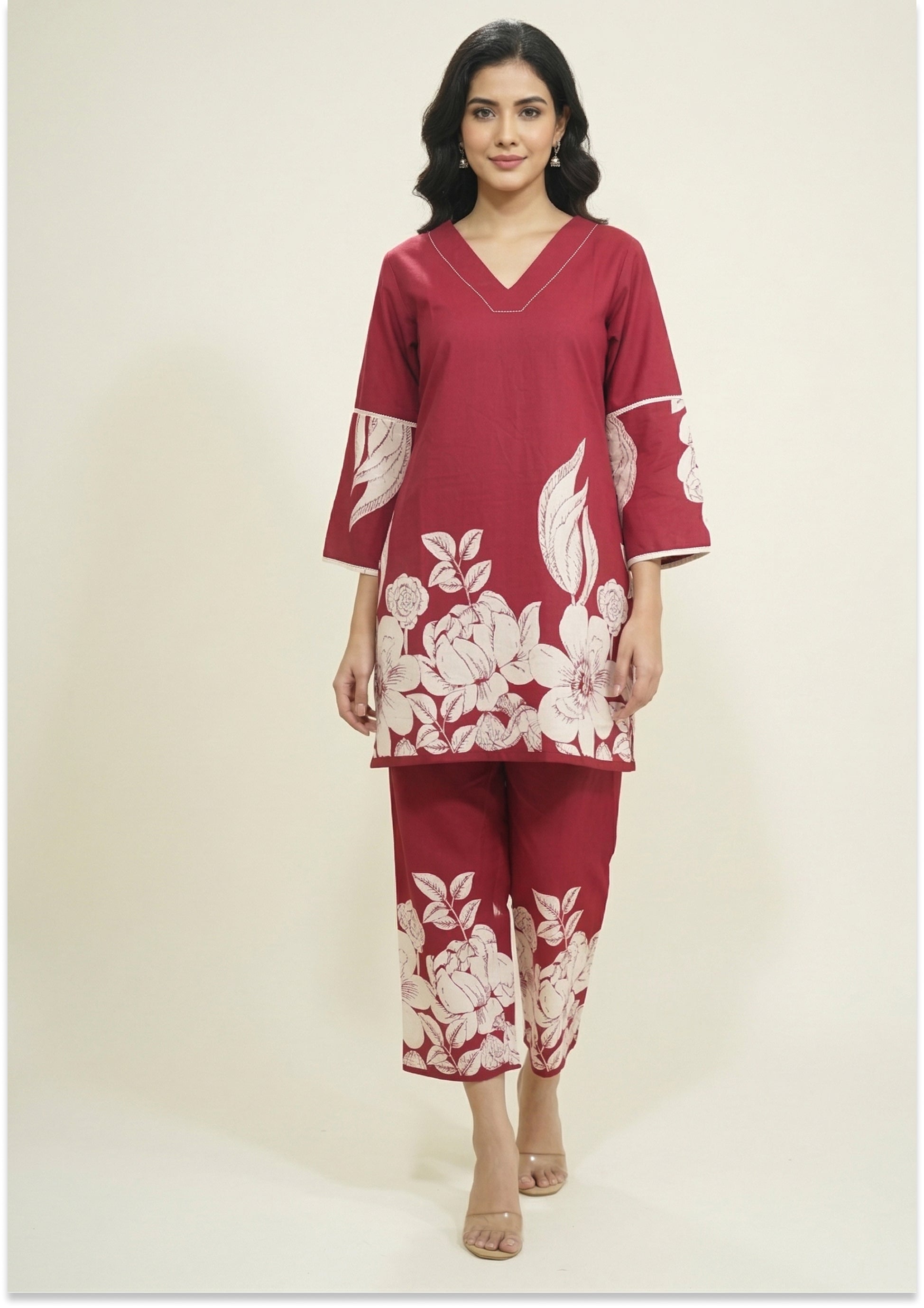 Maroon Cotton Handcrafted Co-ord Set
