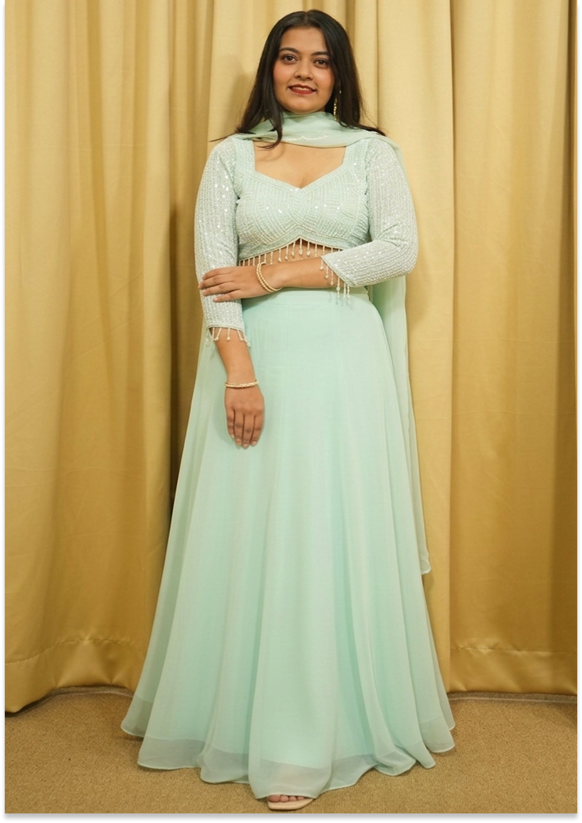 Aqua Green Handcrafted Lehenga Choli Set