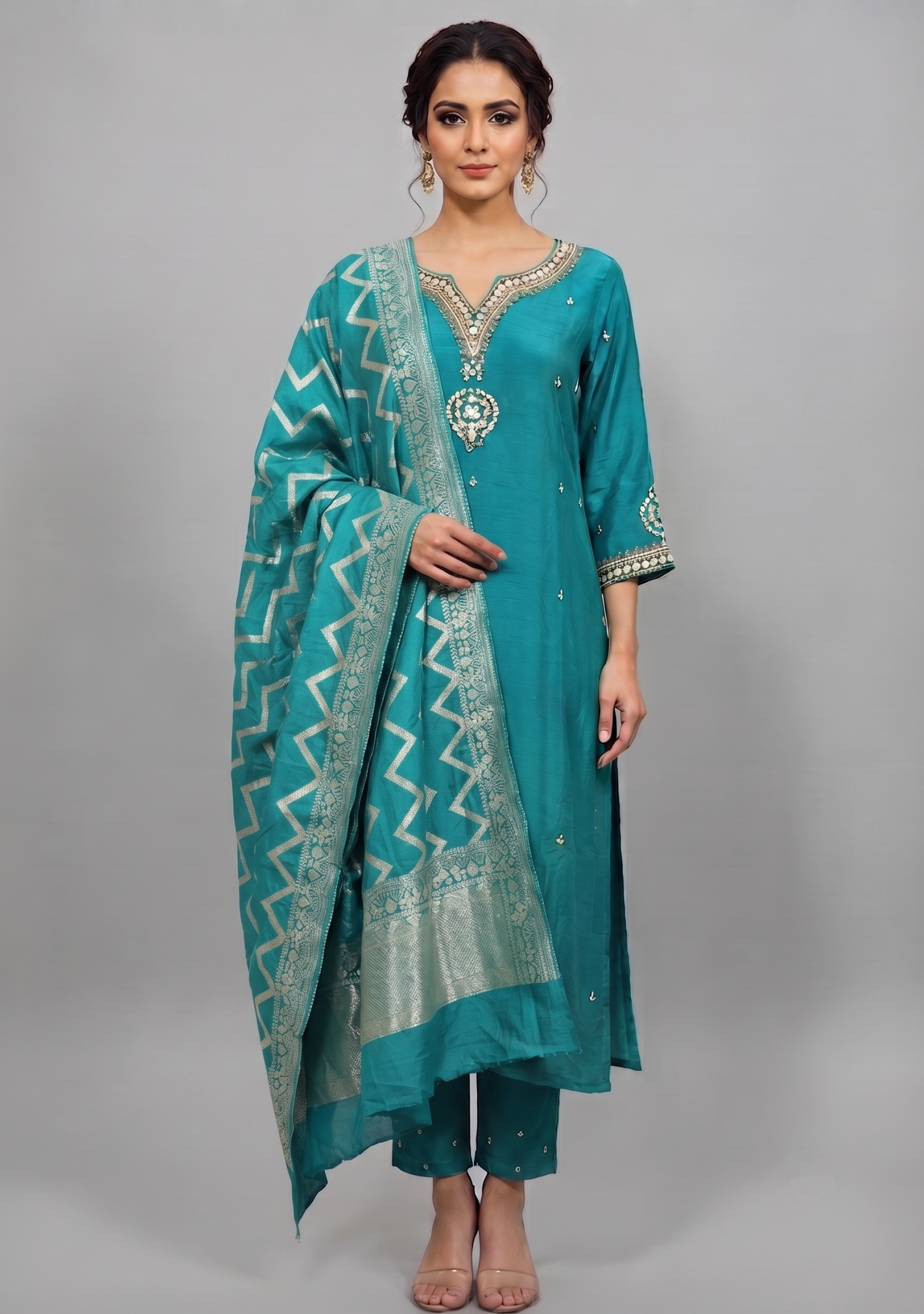 Rama Green Handcrafted suit with Banarasi Zigzag Dupatta