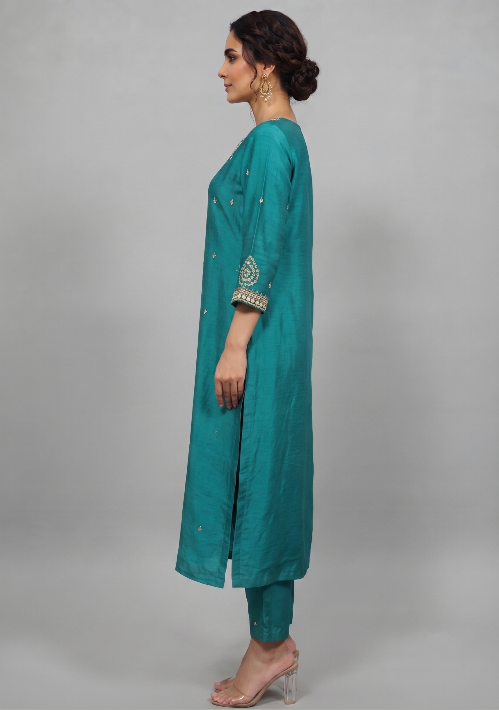 Rama Green Handcrafted suit with Banarasi Zigzag Dupatta