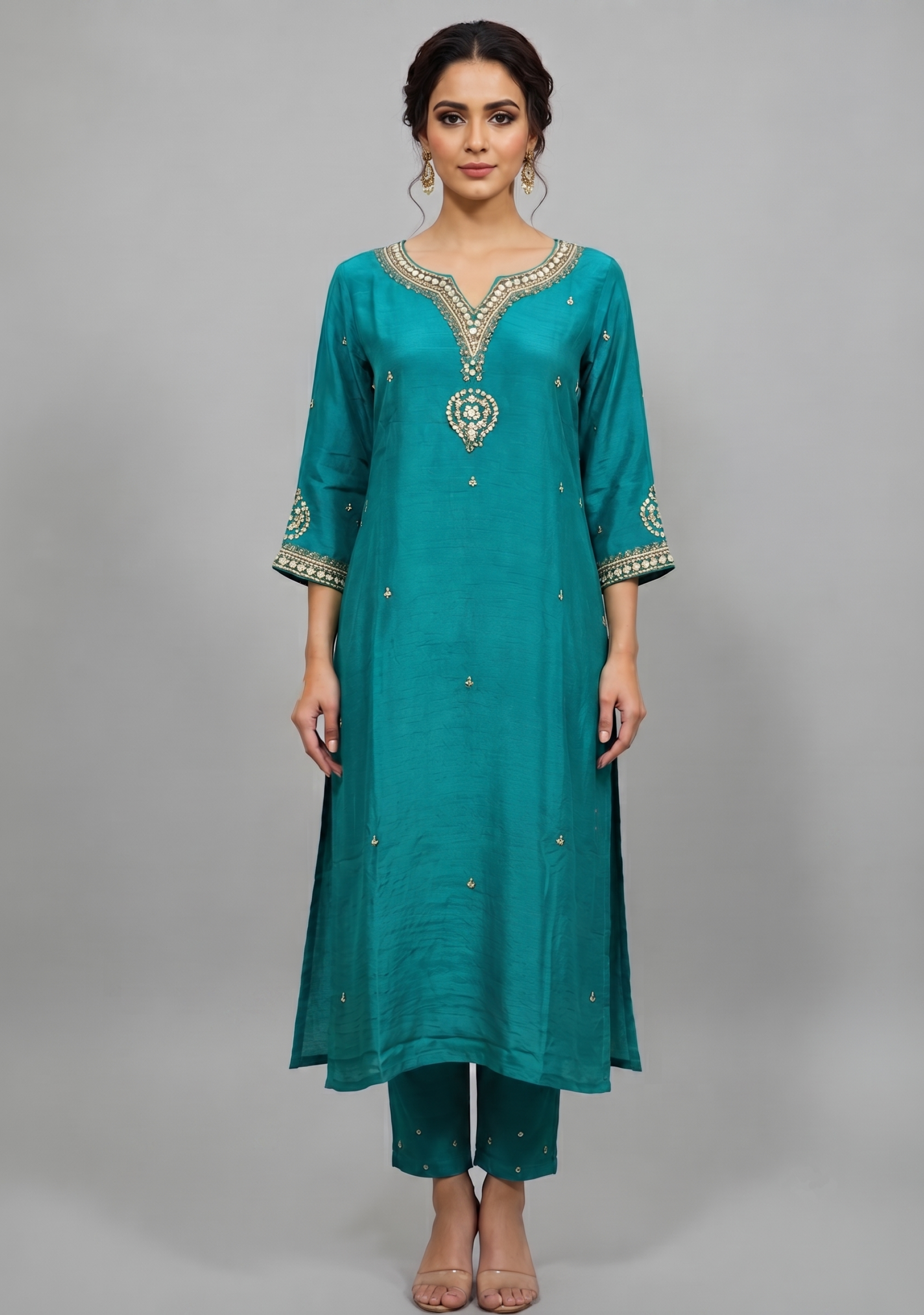 Rama Green Handcrafted suit with Banarasi Zigzag Dupatta