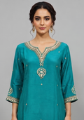 Rama Green Handcrafted suit with Banarasi Zigzag Dupatta