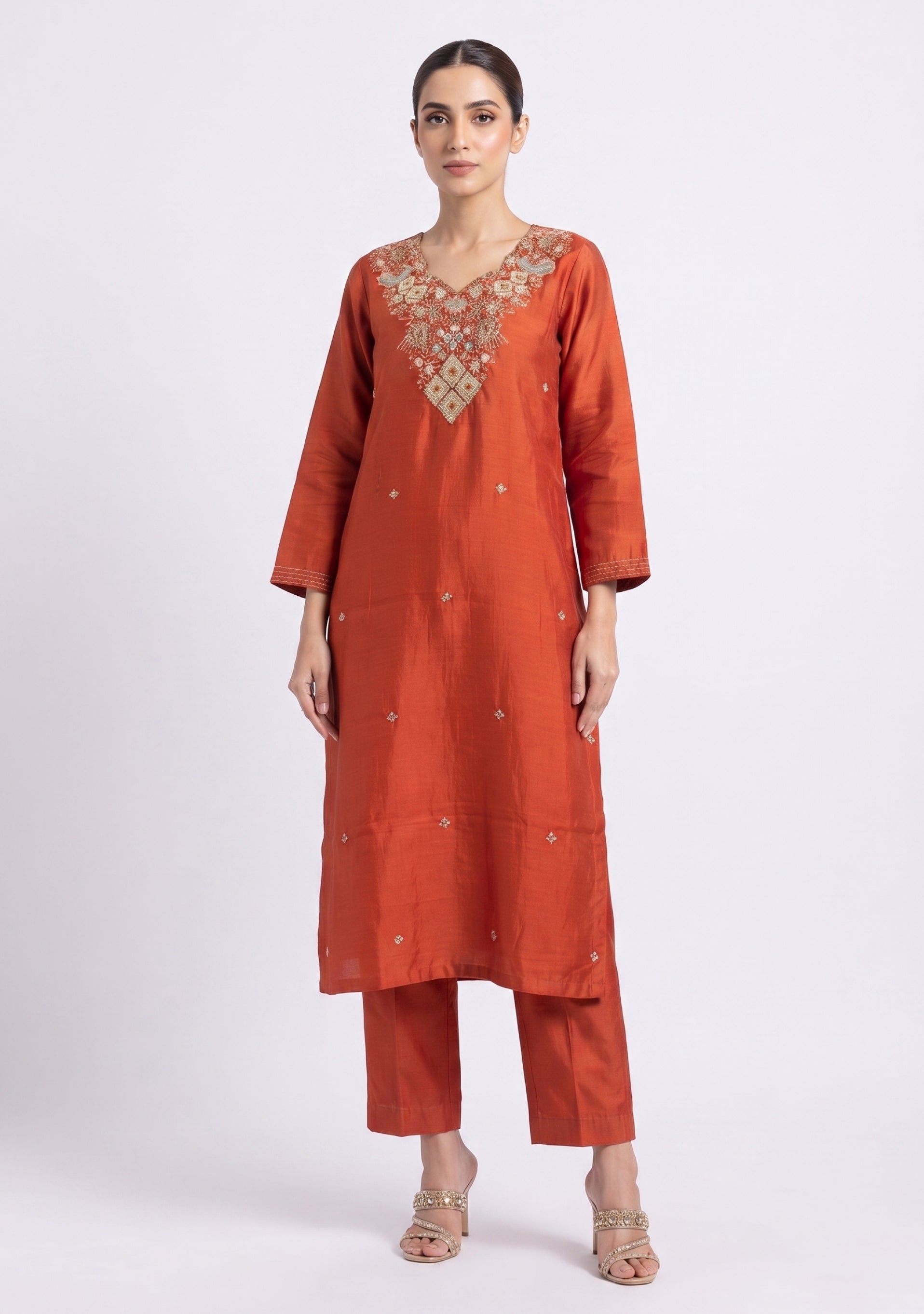 Rust Art Silk Handcrafted 3pc Suit Set