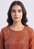 Rust Chanderi Handcrafted Straight Cut 3pc Suit Set