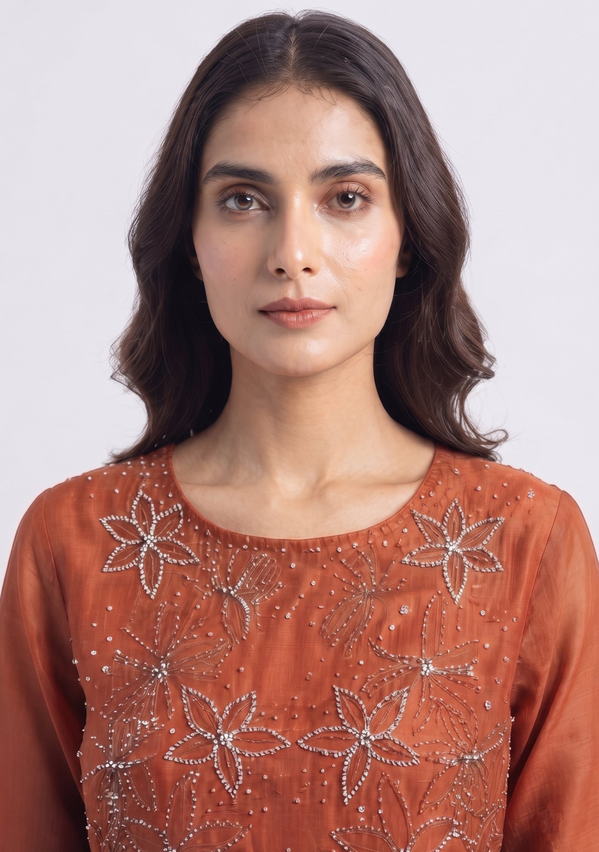 Rust Chanderi Handcrafted Straight Cut 3pc Suit Set