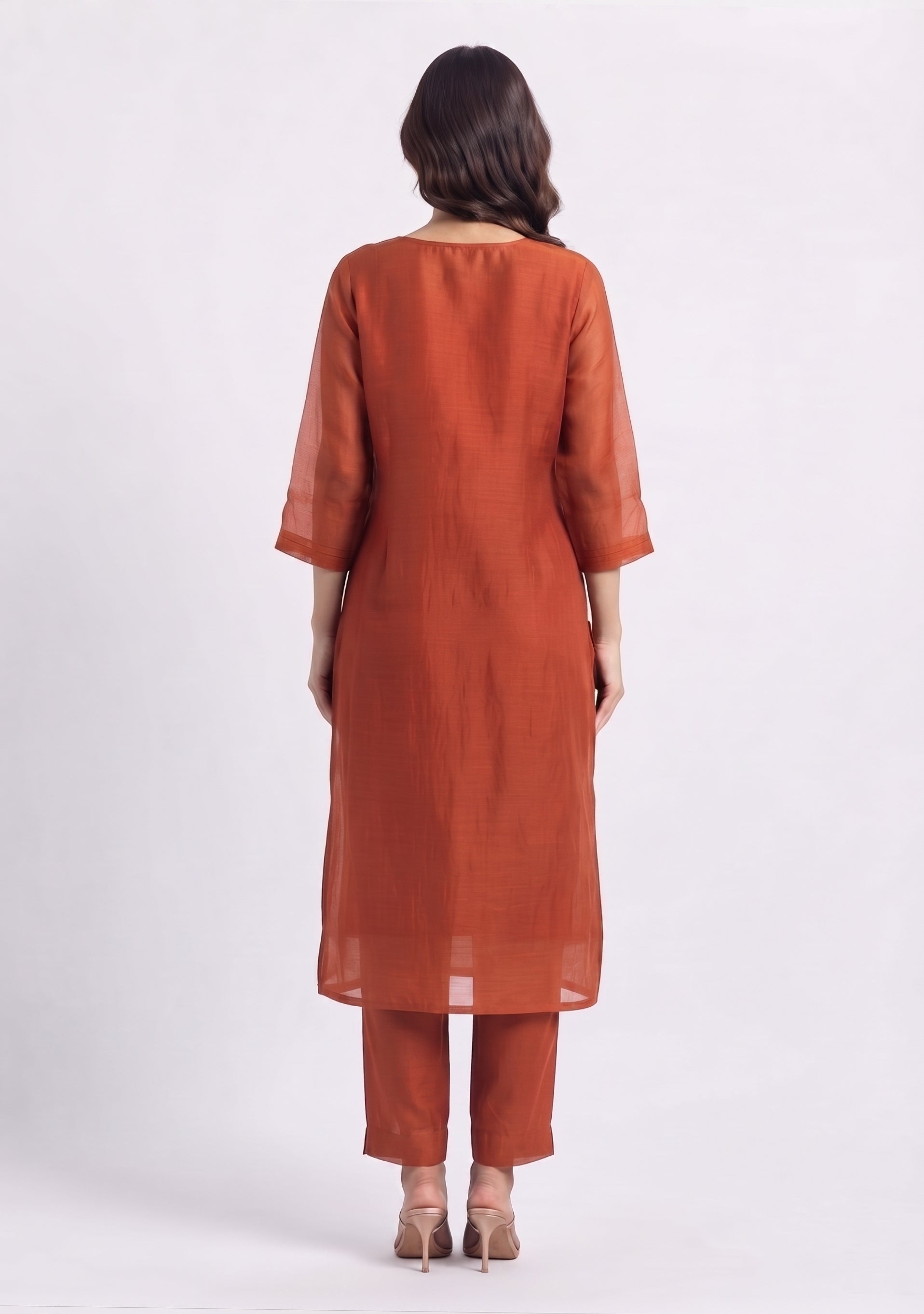 Rust Chanderi Handcrafted Straight Cut 3pc Suit Set