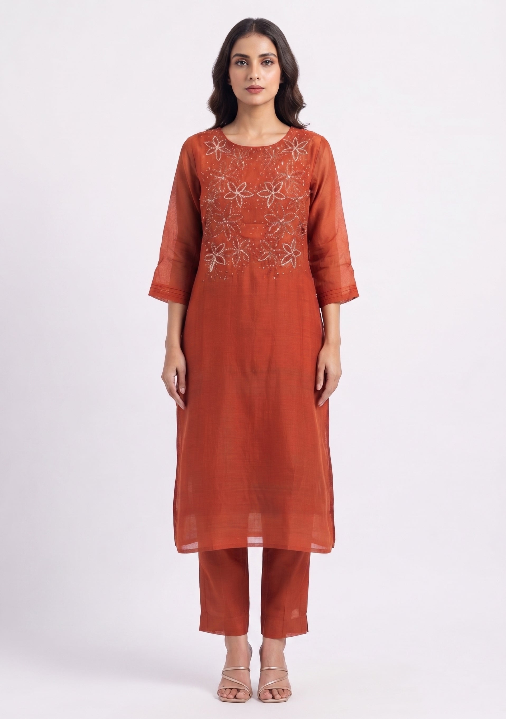 Rust Chanderi Handcrafted Straight Cut 3pc Suit Set