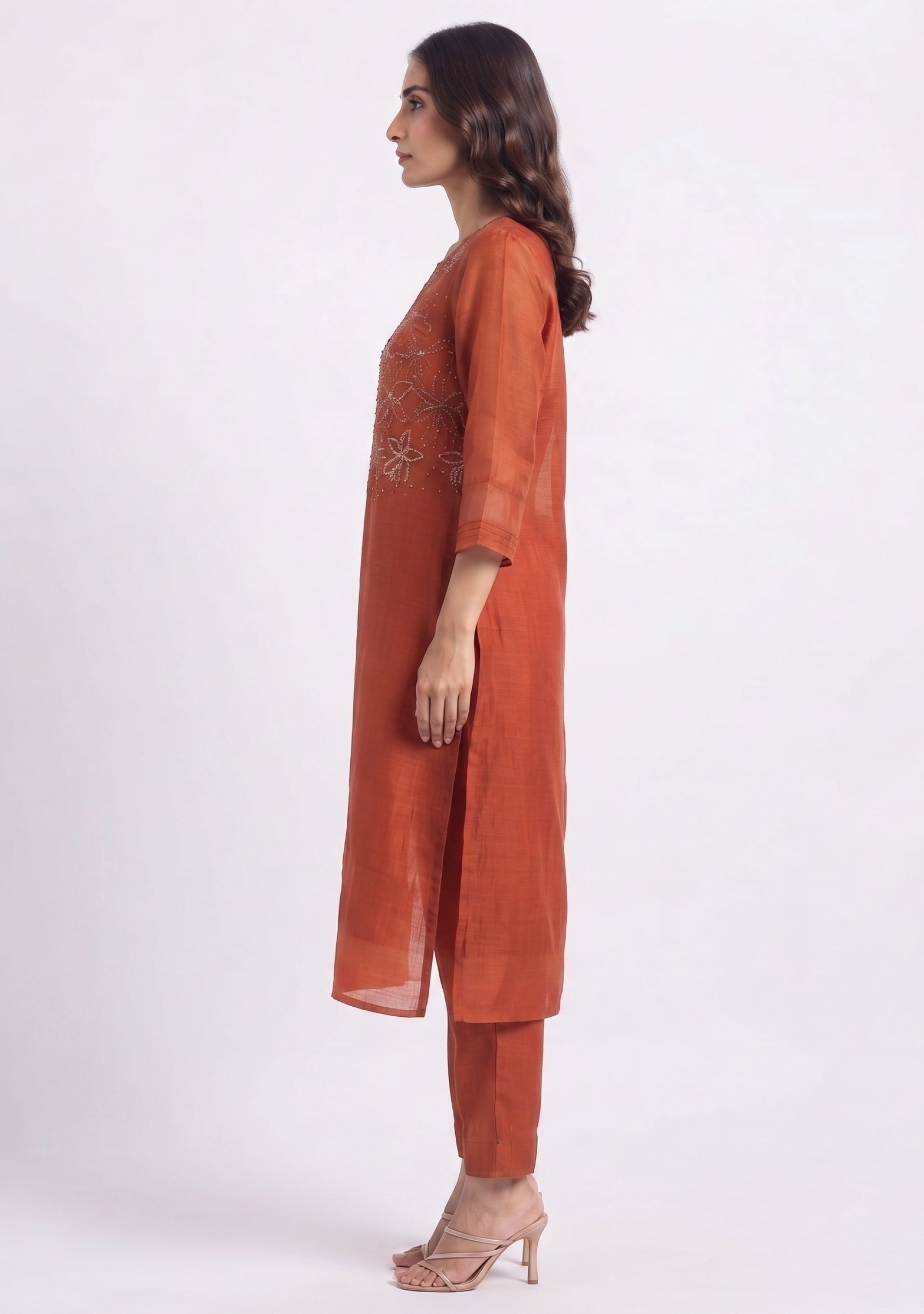 Rust Chanderi Handcrafted Straight Cut 3pc Suit Set