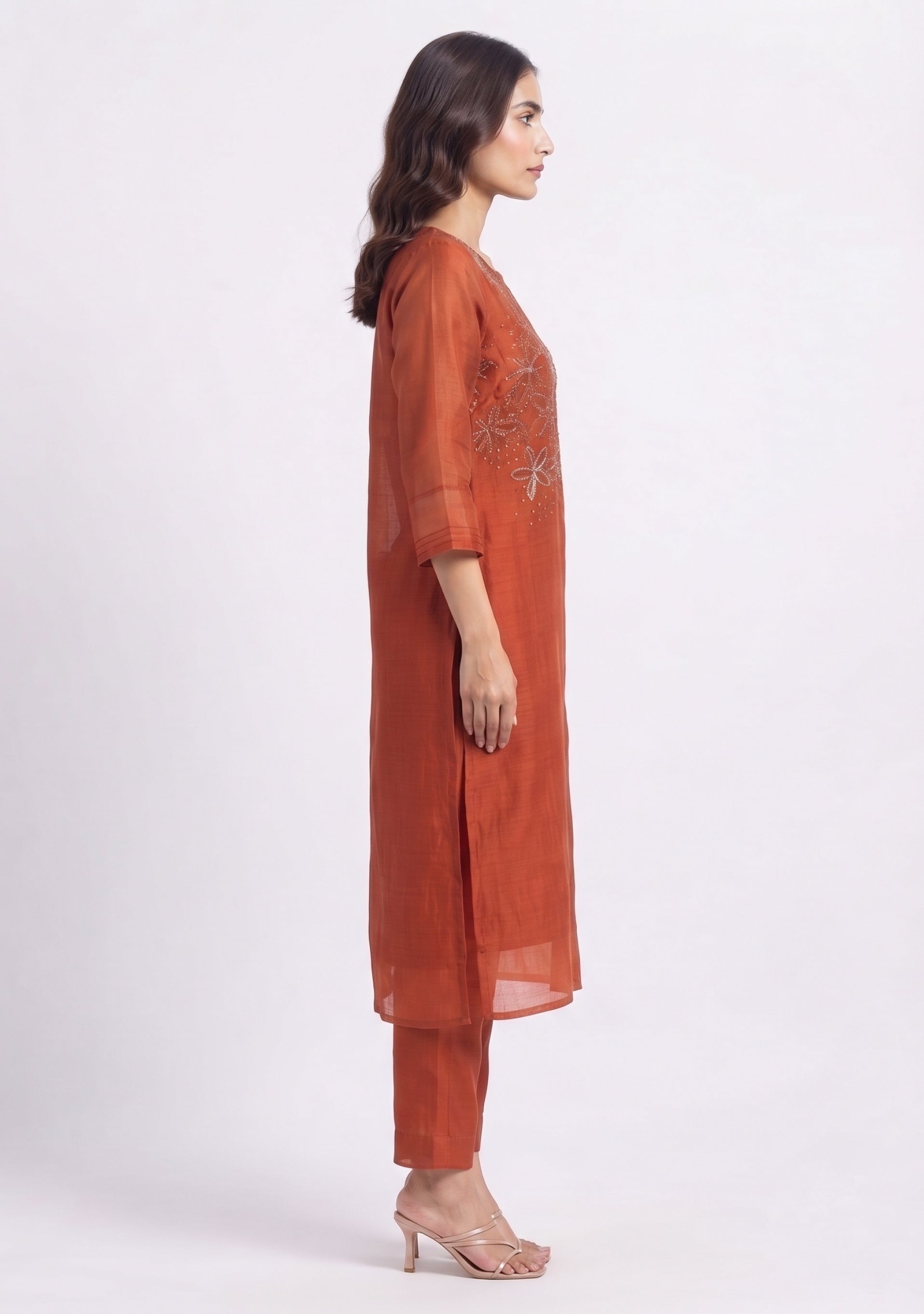 Rust Chanderi Handcrafted Straight Cut 3pc Suit Set