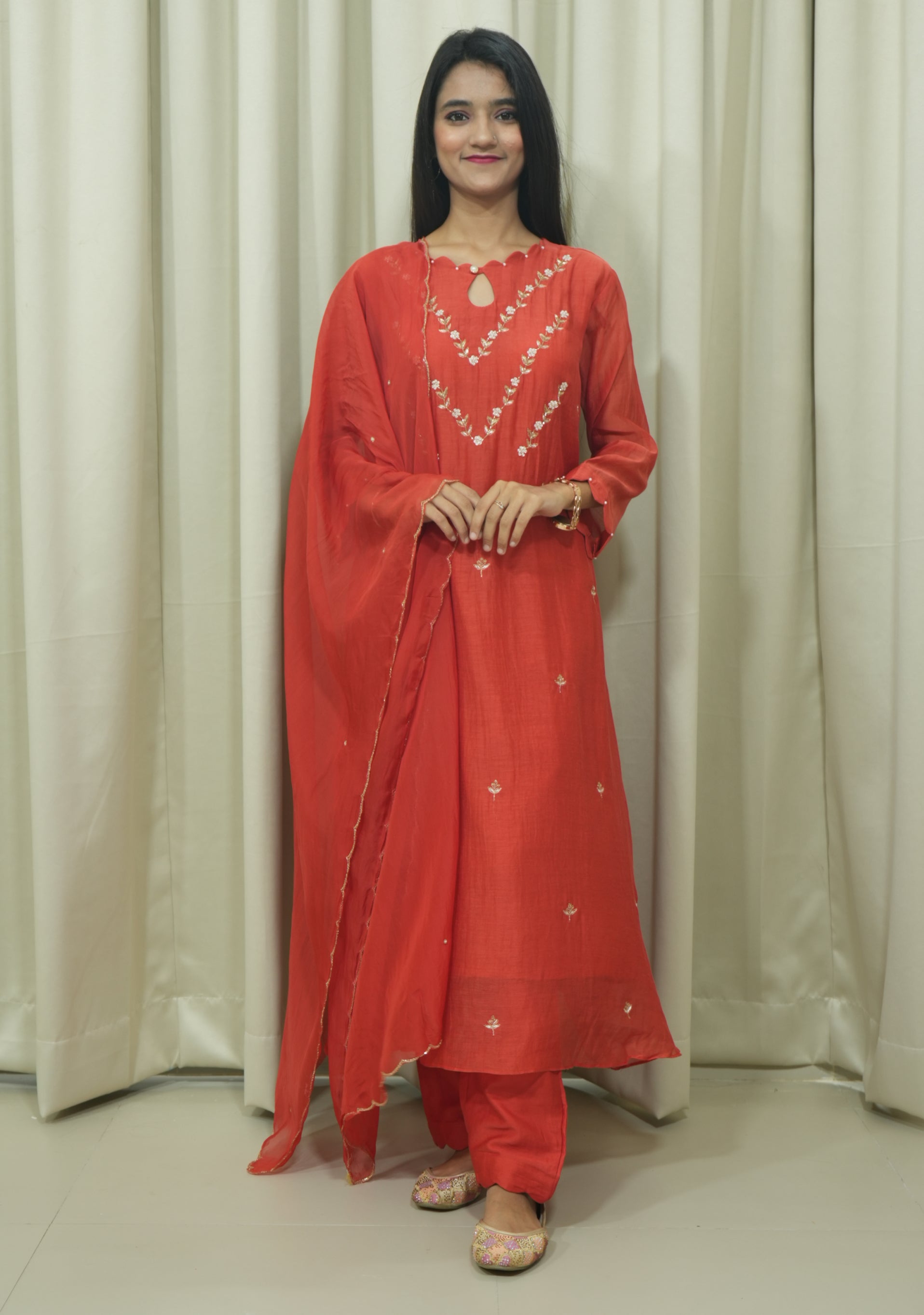 Rust Chanderi Handcrafted 3pc Suit Set