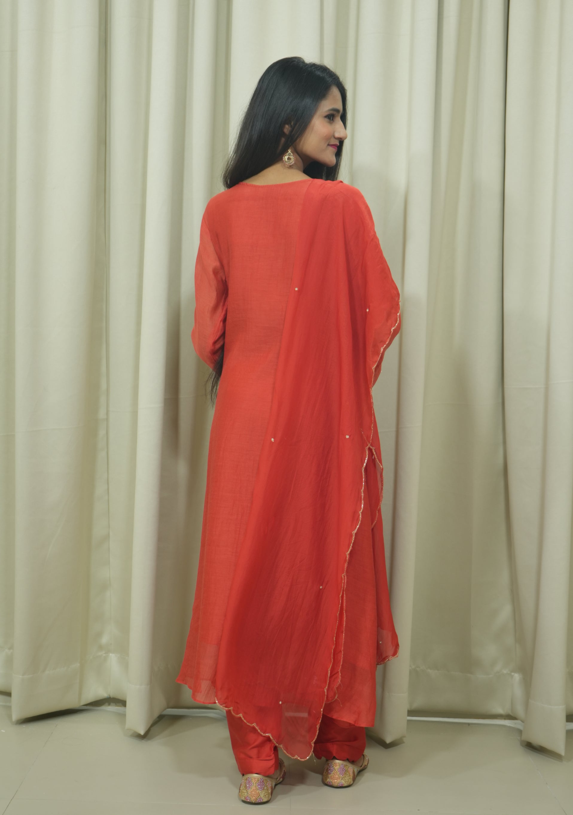 Rust Chanderi Handcrafted 3pc Suit Set