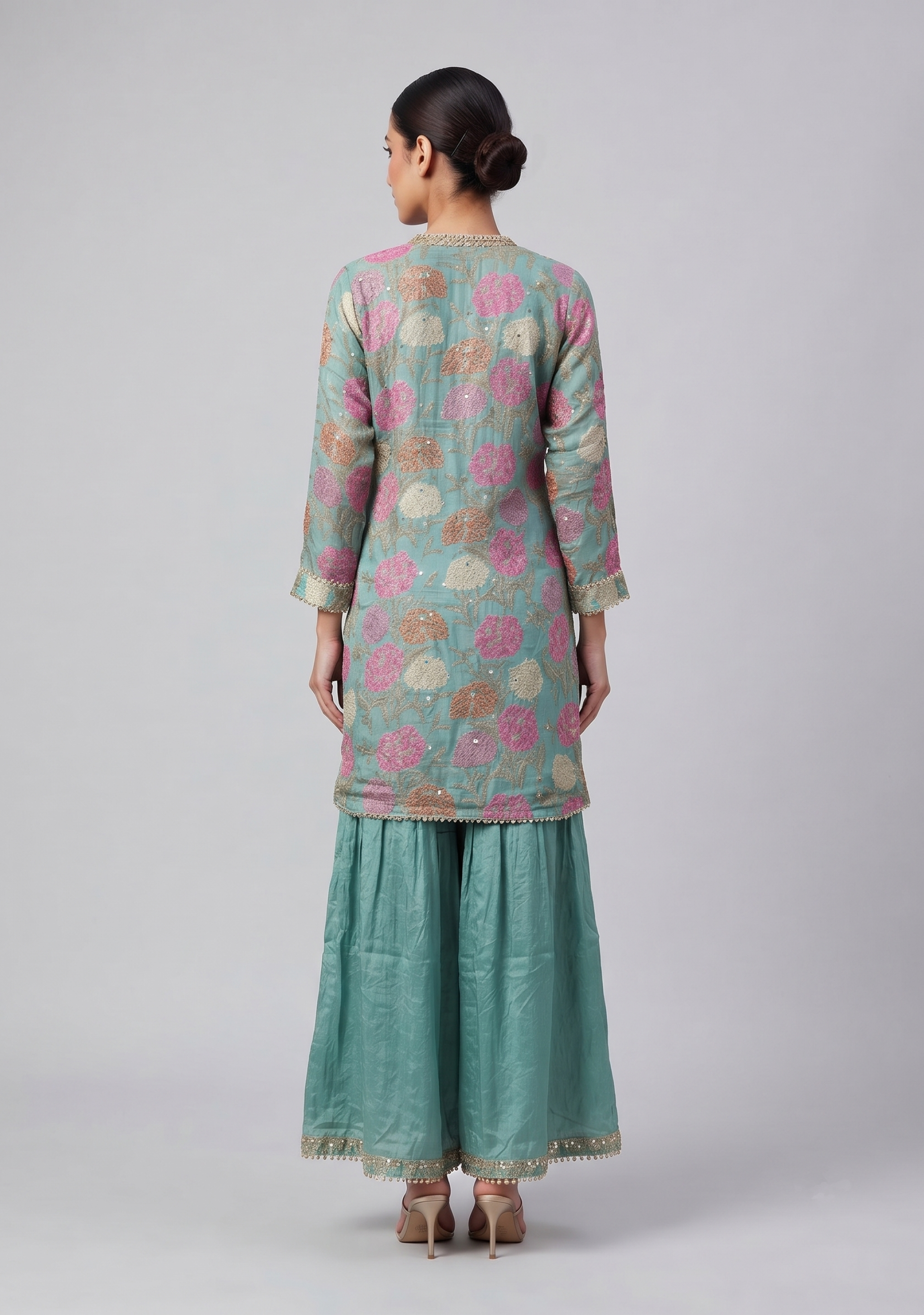 Sea Green Chinon Handcrafted Floral Gotapatti 3pc Sharara