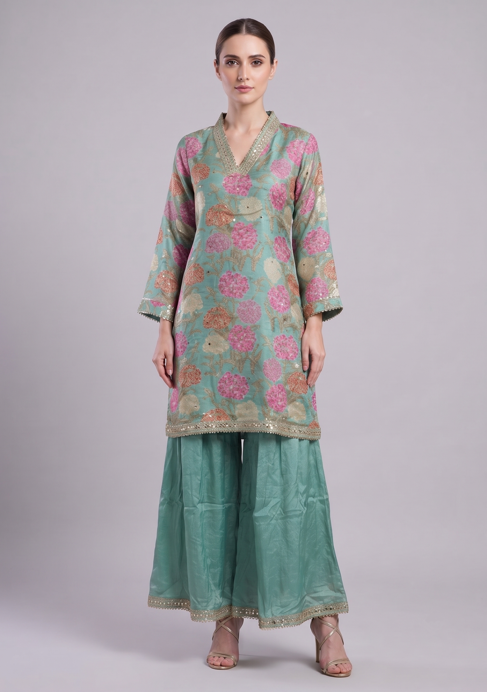 Sea Green Chinon Handcrafted Floral Gotapatti 3pc Sharara