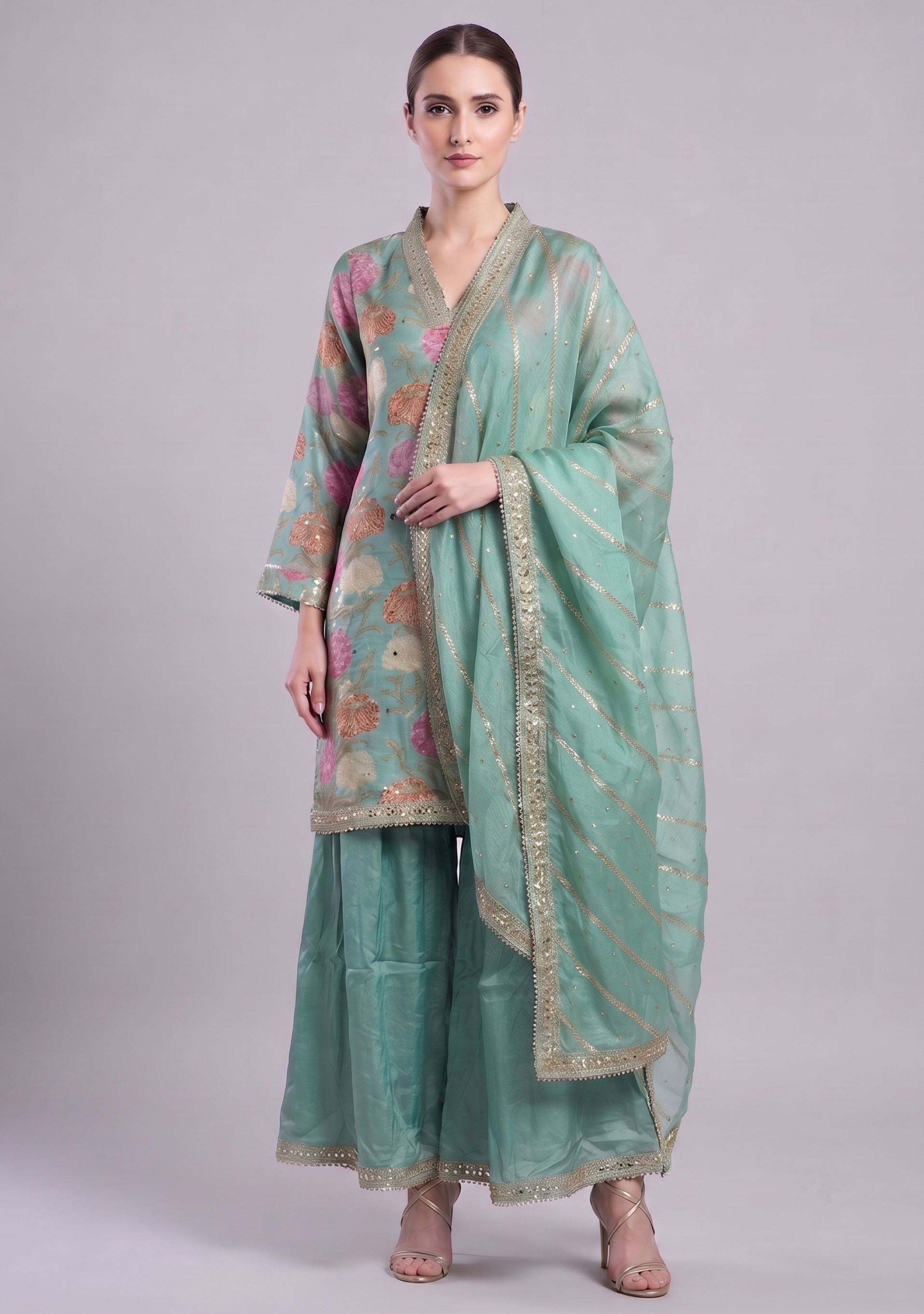 Sea Green Chinon Handcrafted Floral Gotapatti 3pc Sharara