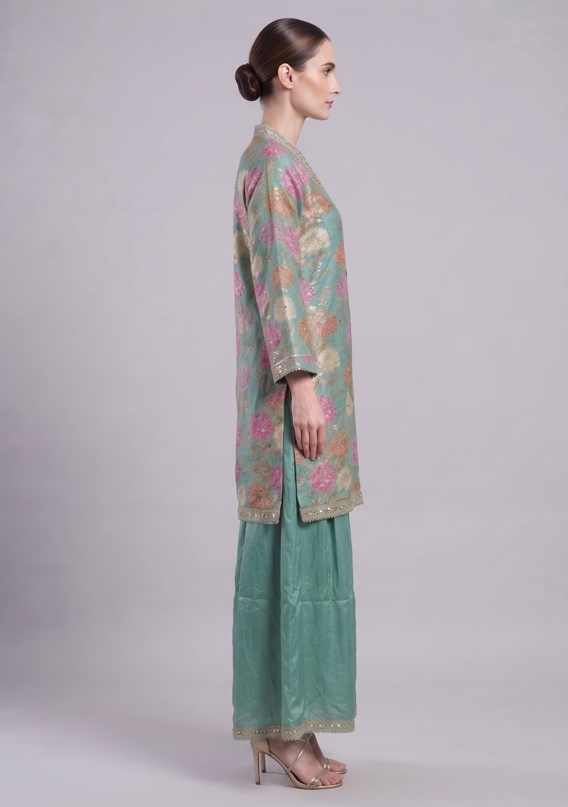 Sea Green Chinon Handcrafted Floral Gotapatti 3pc Sharara