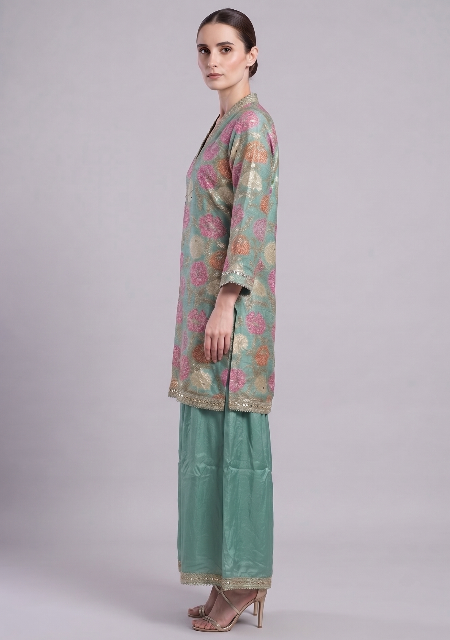 Sea Green Chinon Handcrafted Floral Gotapatti 3pc Sharara