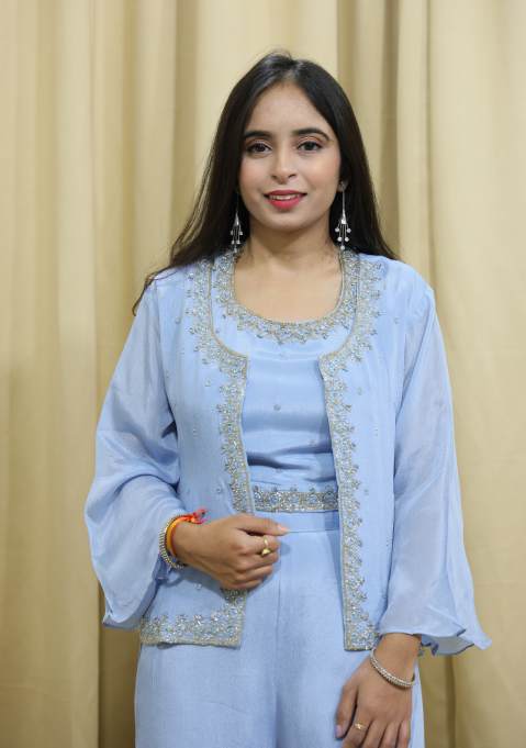 Sky Blue Handcrafted Indo-Western Chinon Cape Set