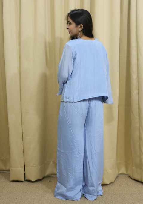 Sky Blue Handcrafted Indo-Western Chinon Cape Set