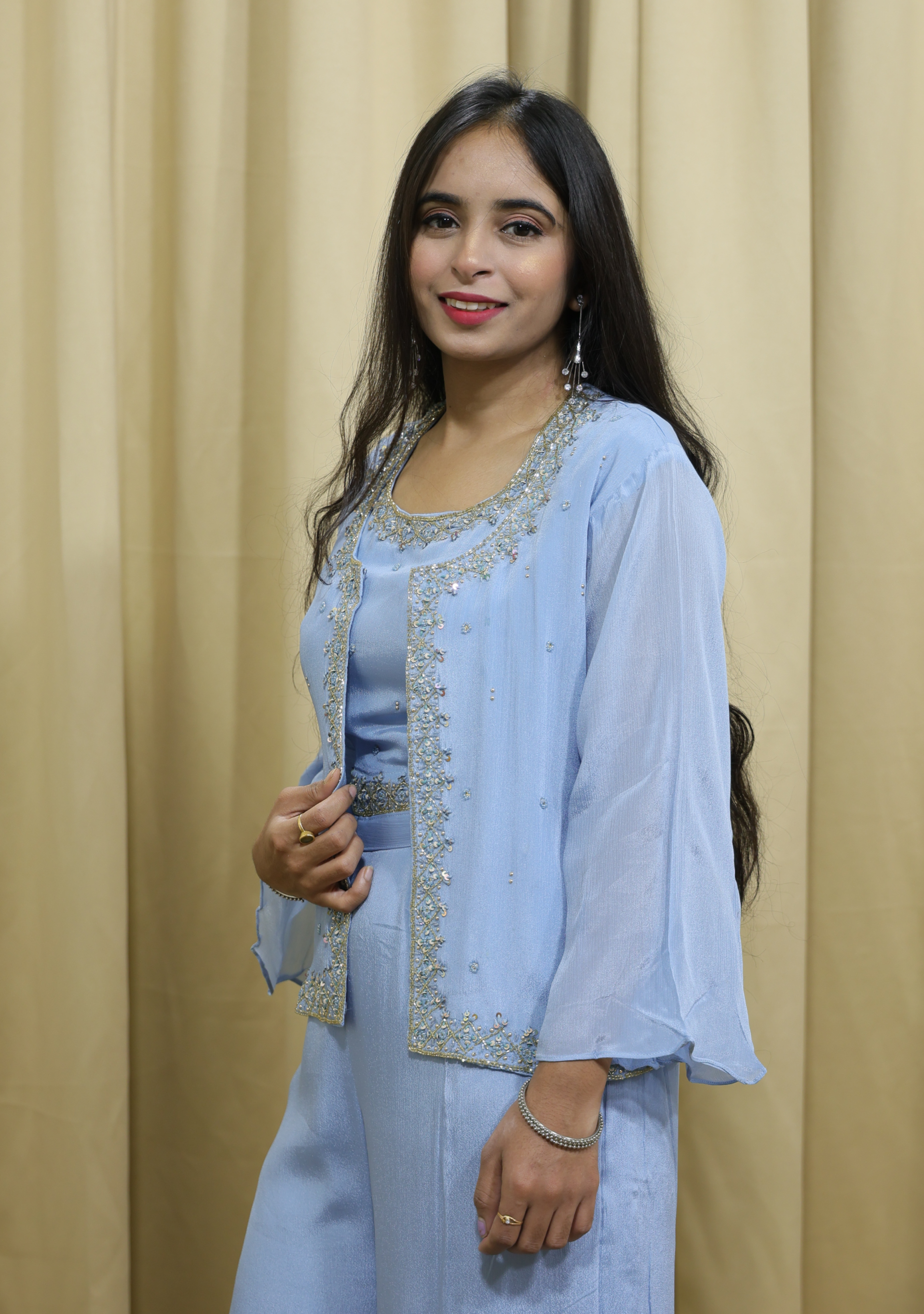 Sky Blue Handcrafted Indo-Western Chinon Cape Set