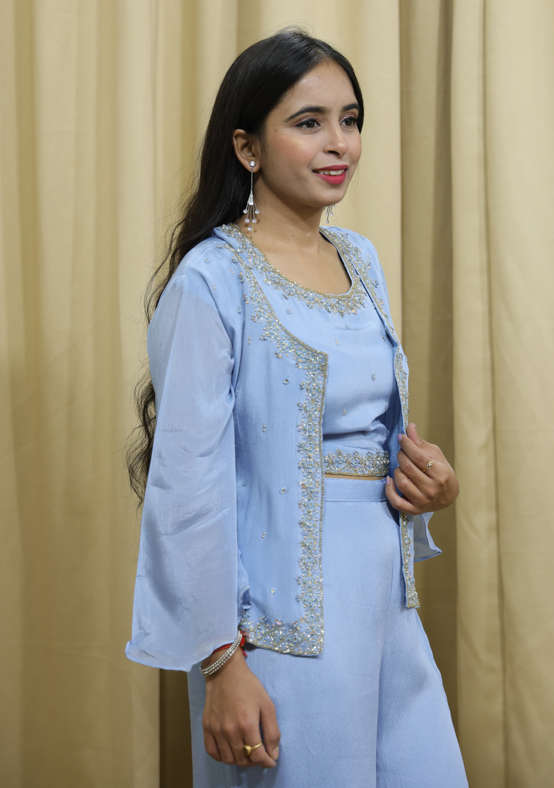 Sky Blue Handcrafted Indo-Western Chinon Cape Set