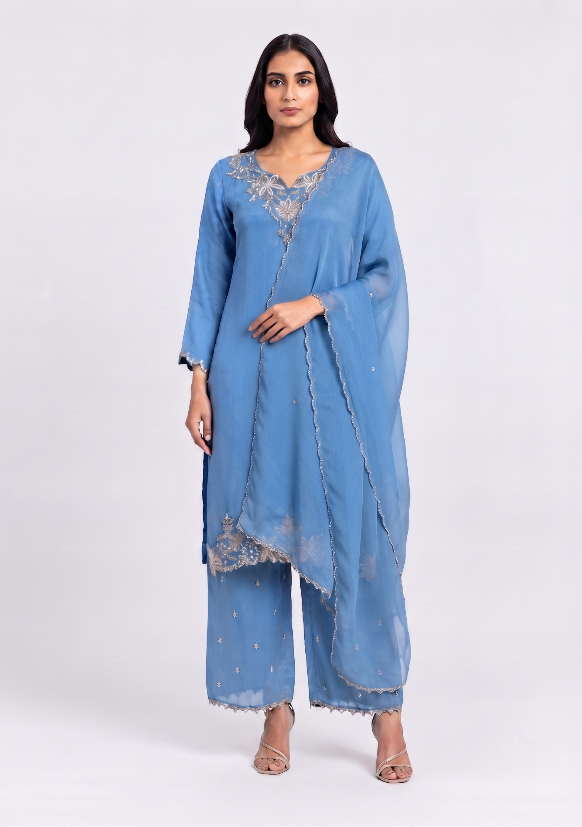 Sky Blue Chinon Handcrafted 3pc Suit Set