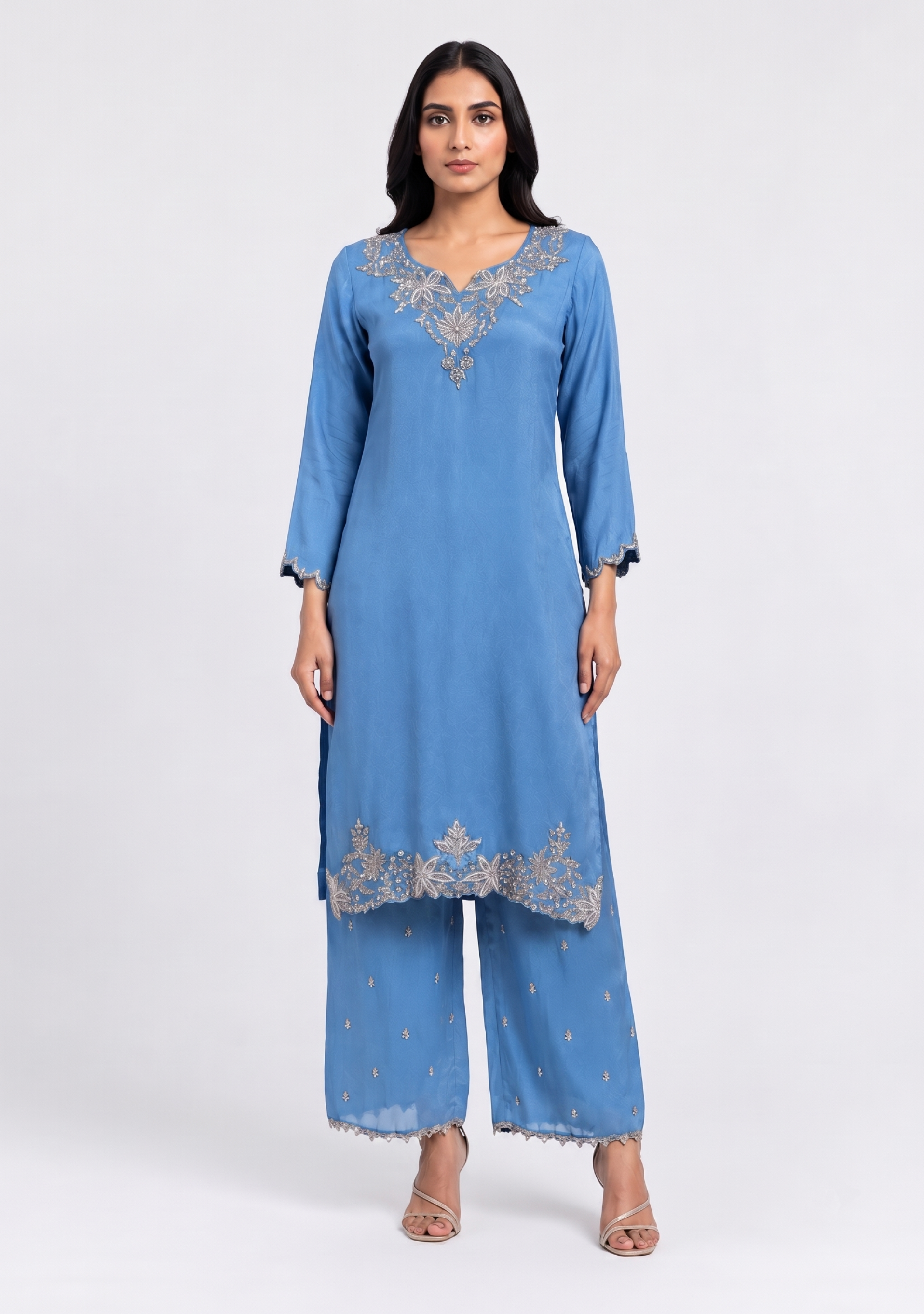 Sky Blue Chinon Handcrafted 3pc Suit Set