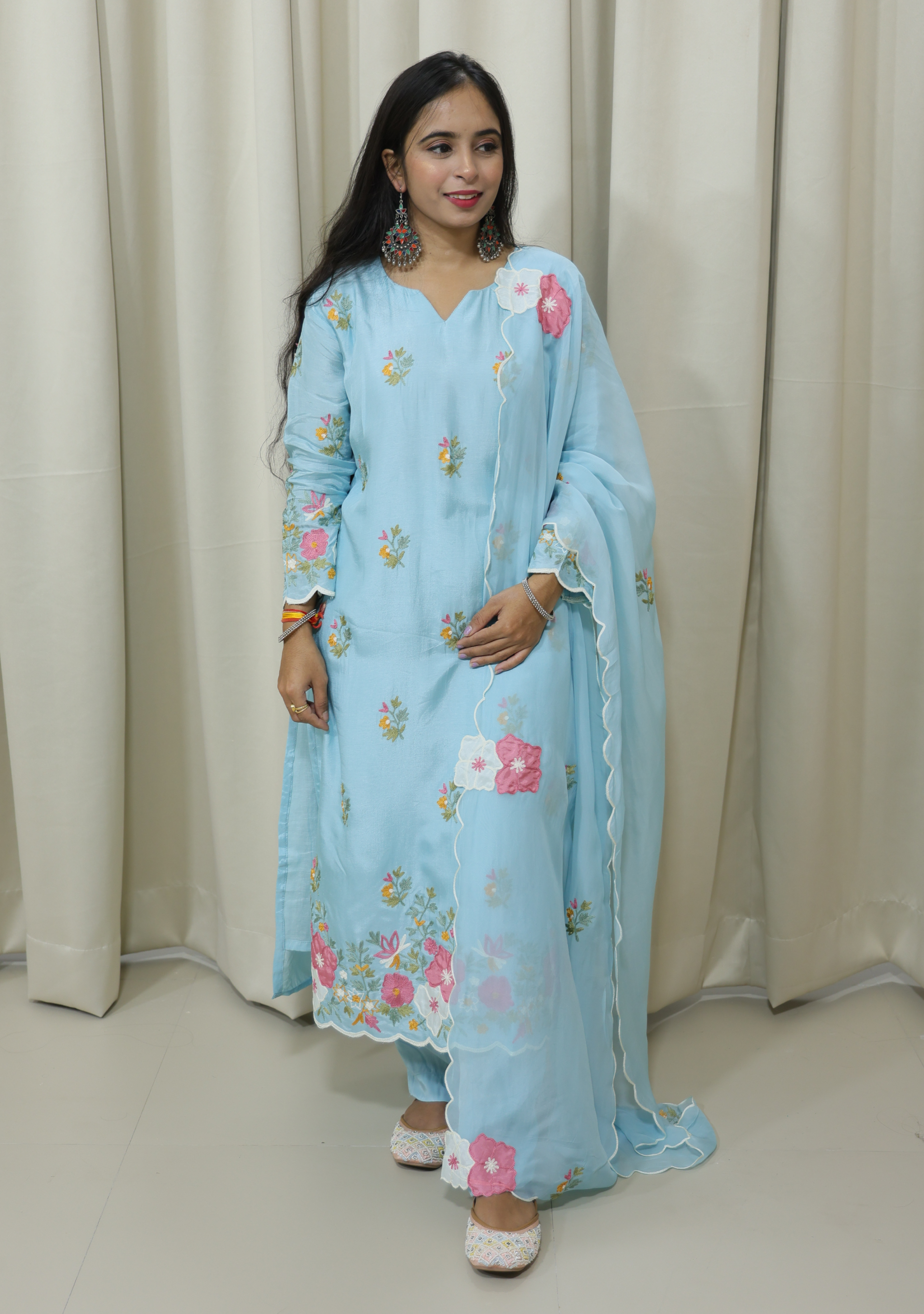 Sky Blue Silk Handcrafted 3pc Suit Set