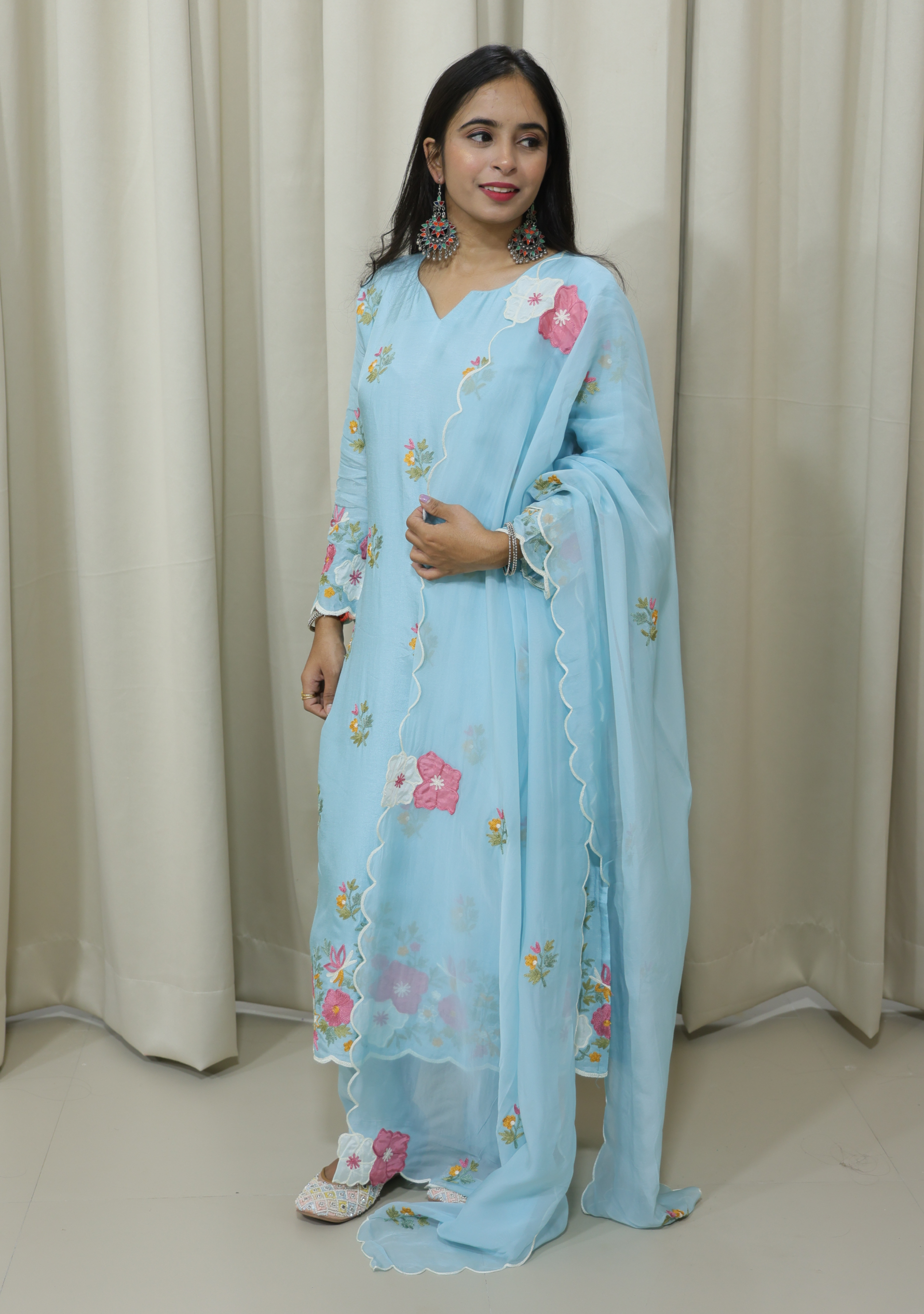 Sky Blue Silk Handcrafted 3pc Suit Set