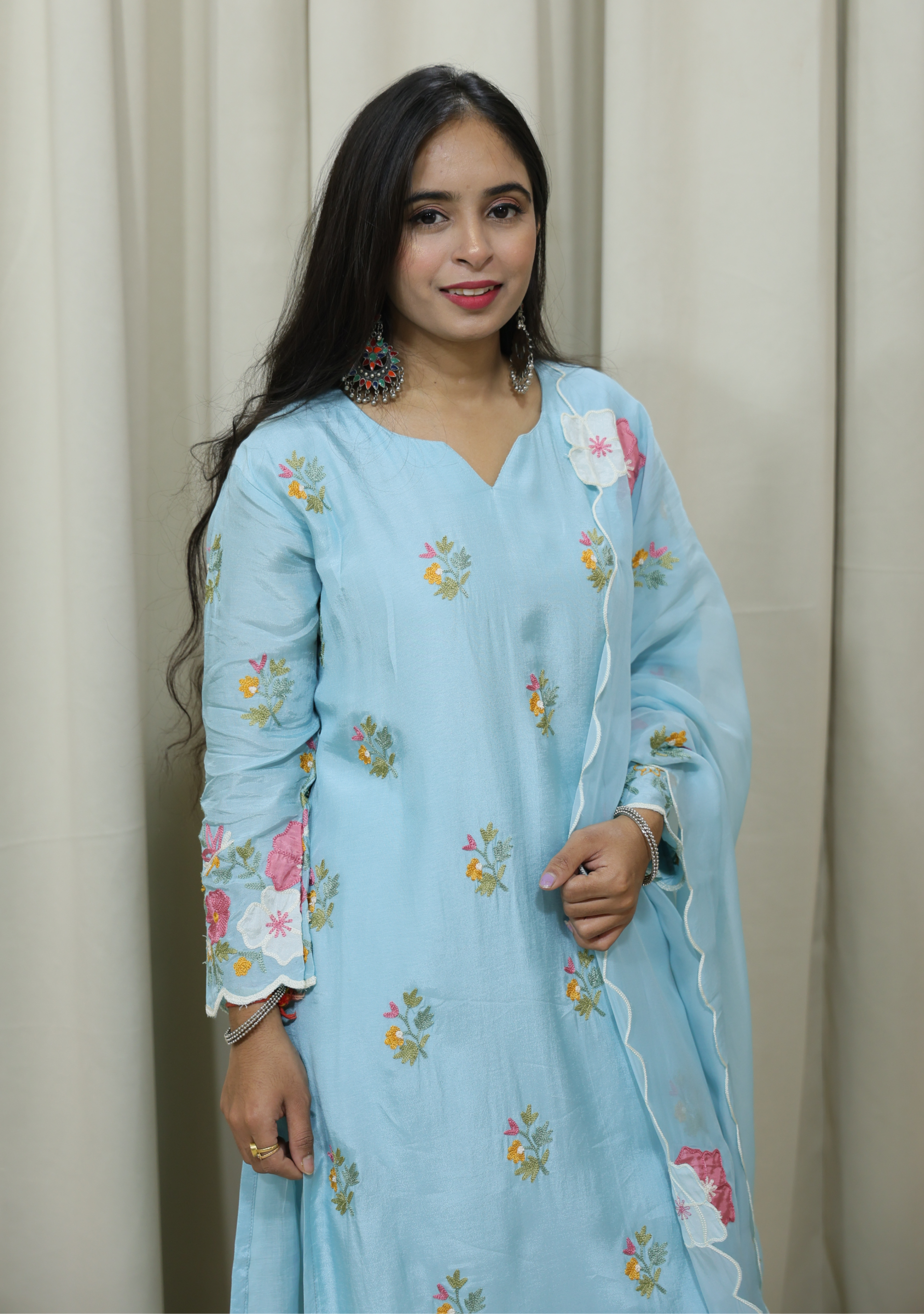 Sky Blue Silk Handcrafted 3pc Suit Set