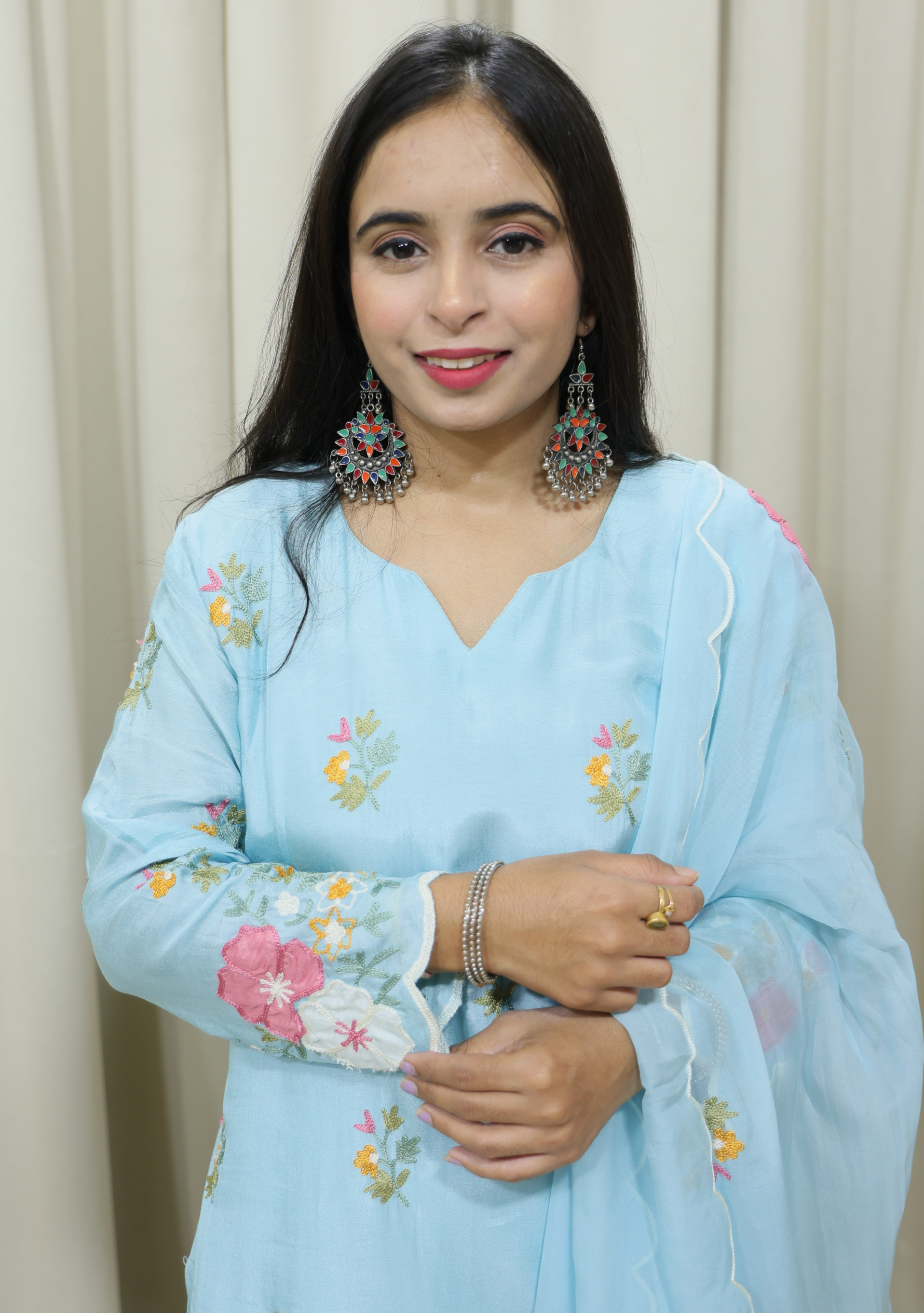 Sky Blue Silk Handcrafted 3pc Suit Set