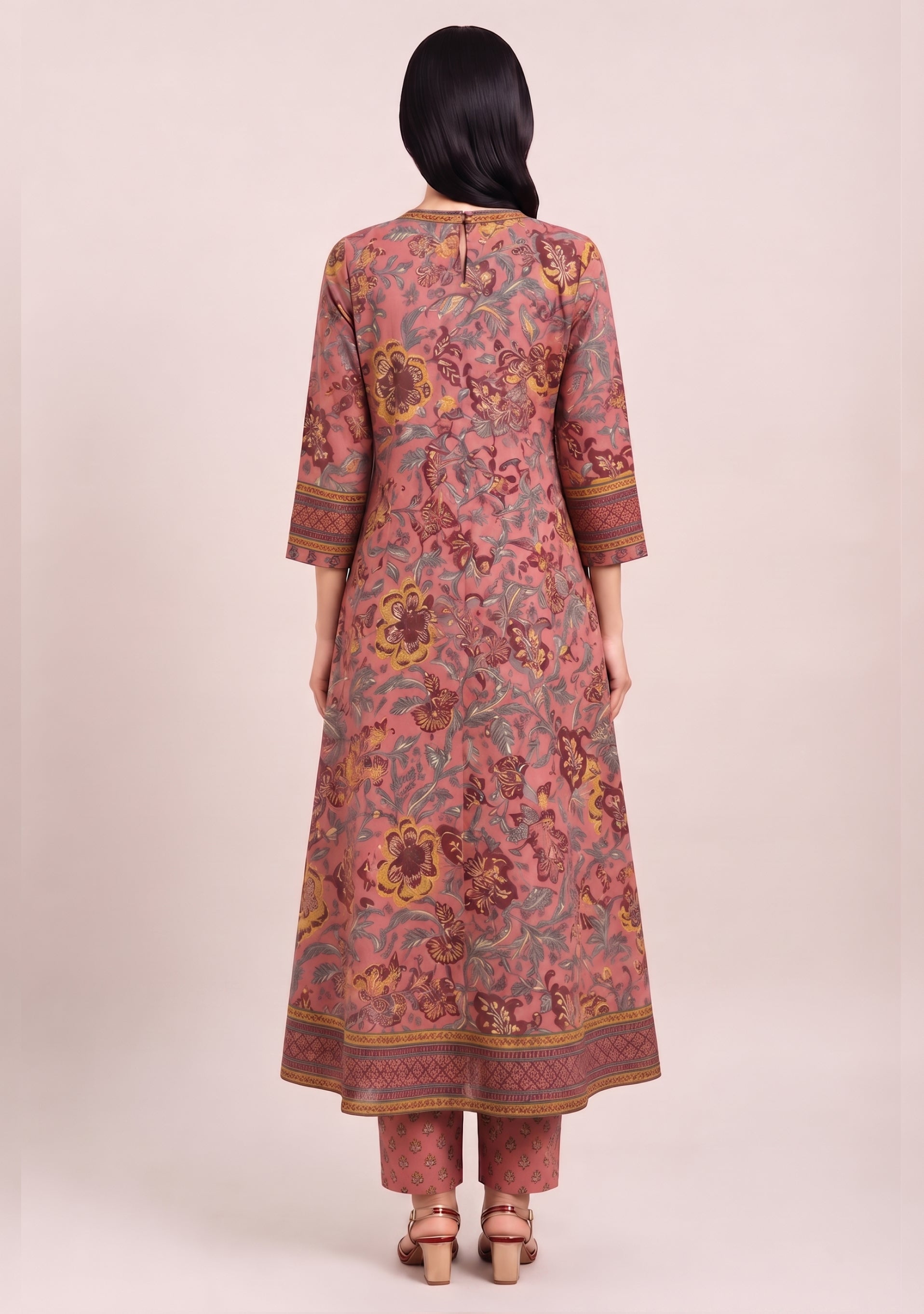 Terracotta Printed Handcrafted Anarkali 3pc suit set