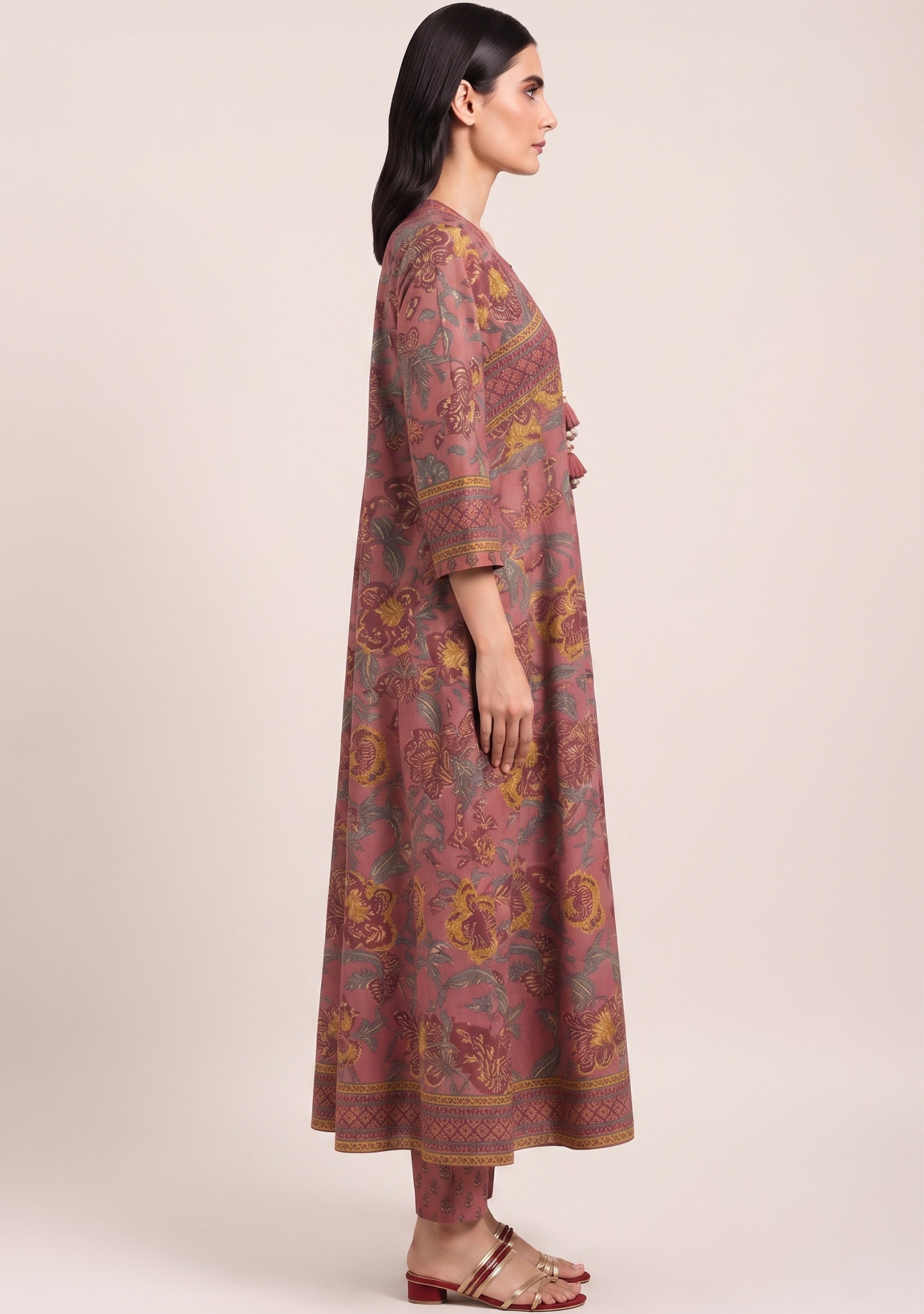Terracotta Printed Handcrafted Anarkali 3pc suit set