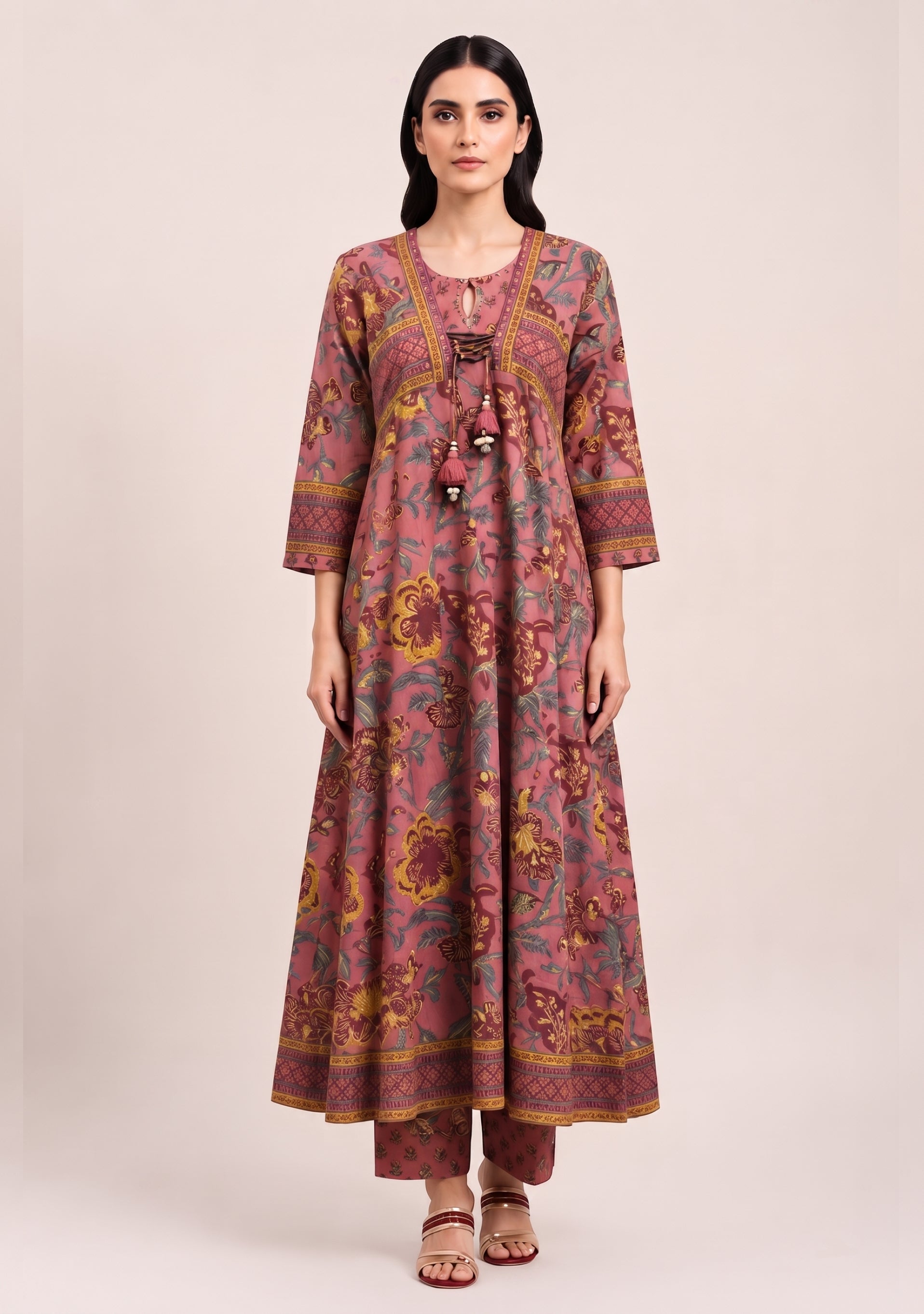 Terracotta Printed Handcrafted Anarkali 3pc suit set