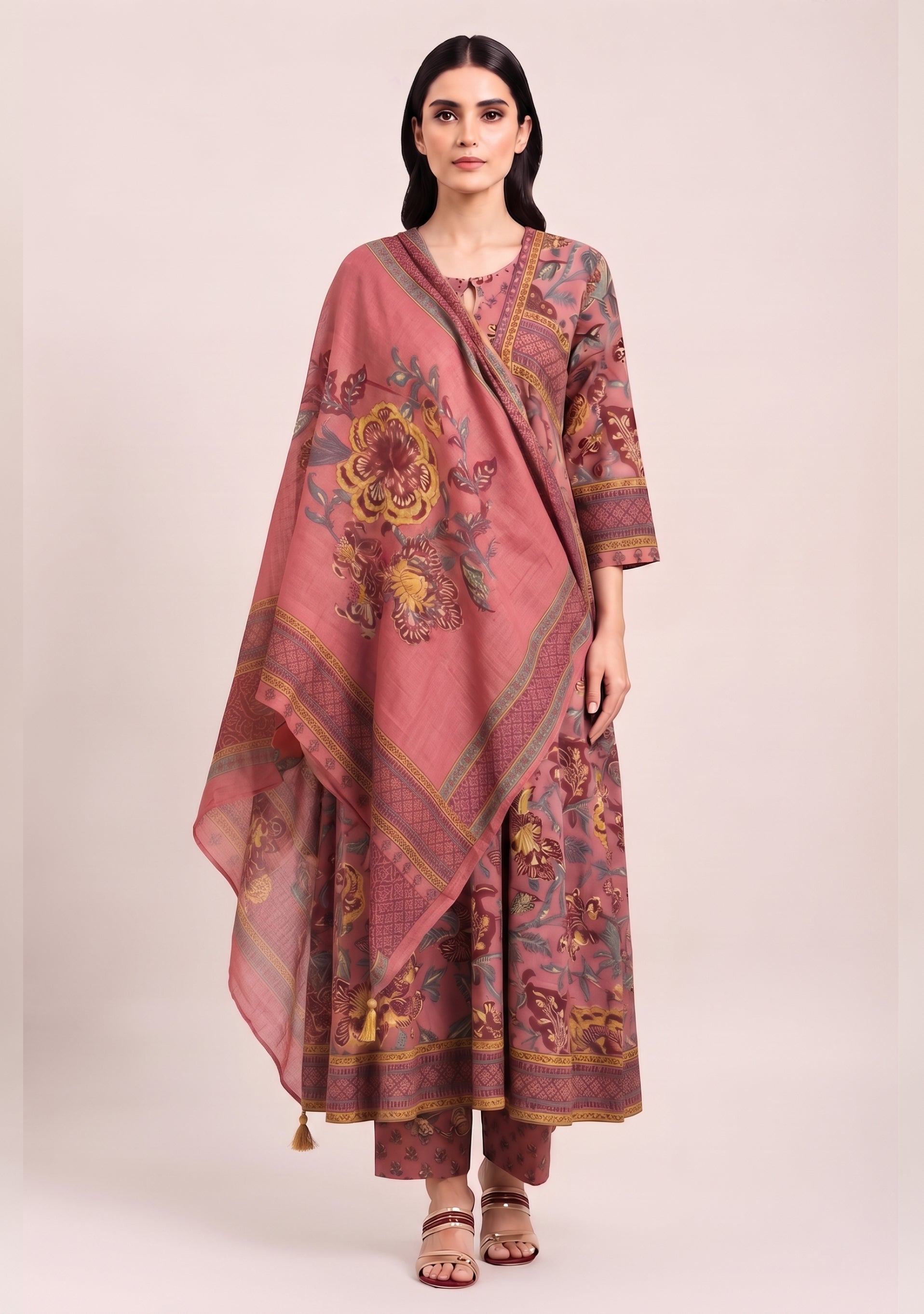 Terracotta Printed Handcrafted Anarkali 3pc suit set