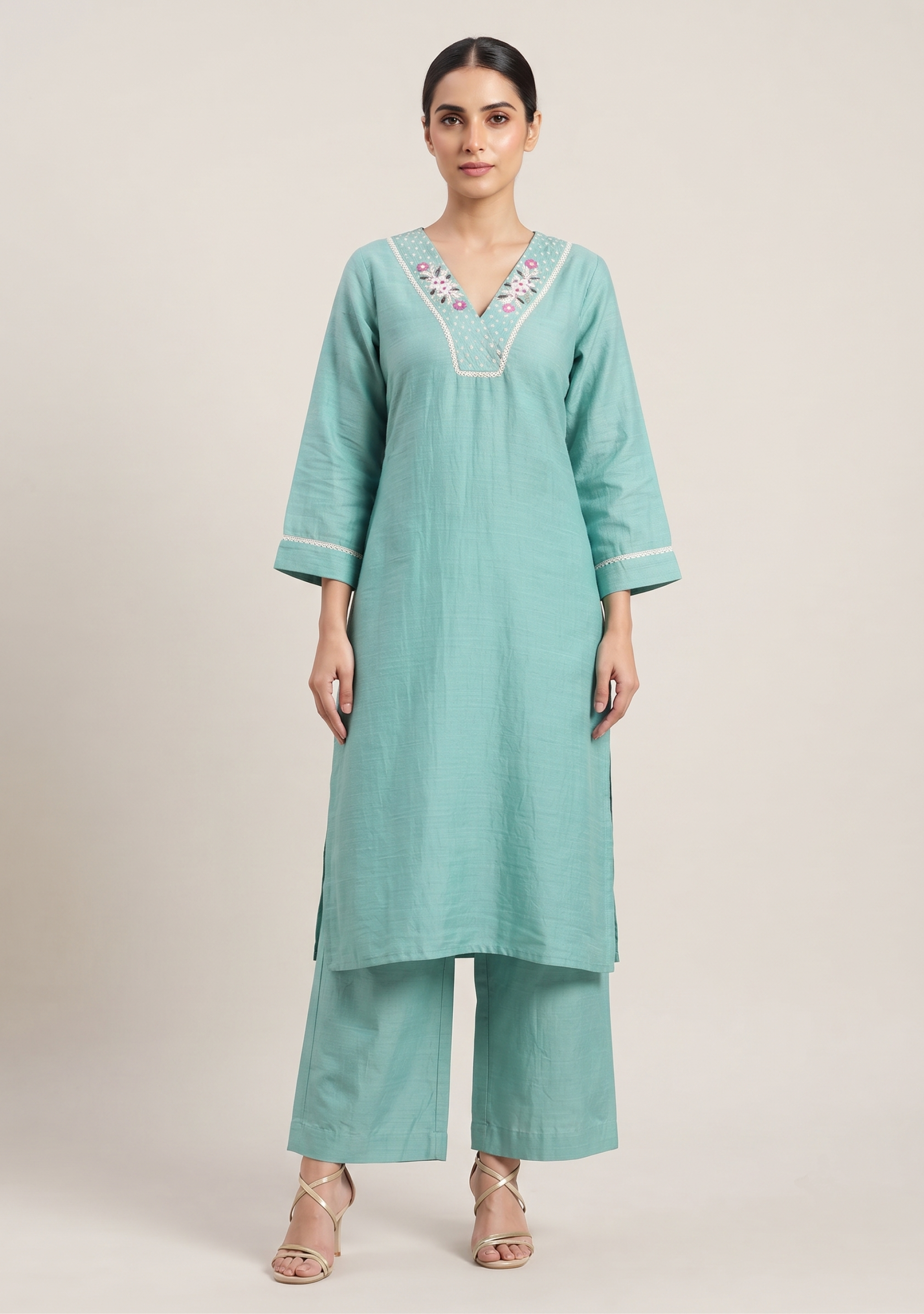 Turquoise Green Chanderi Handcrafted 3pc Suit Set