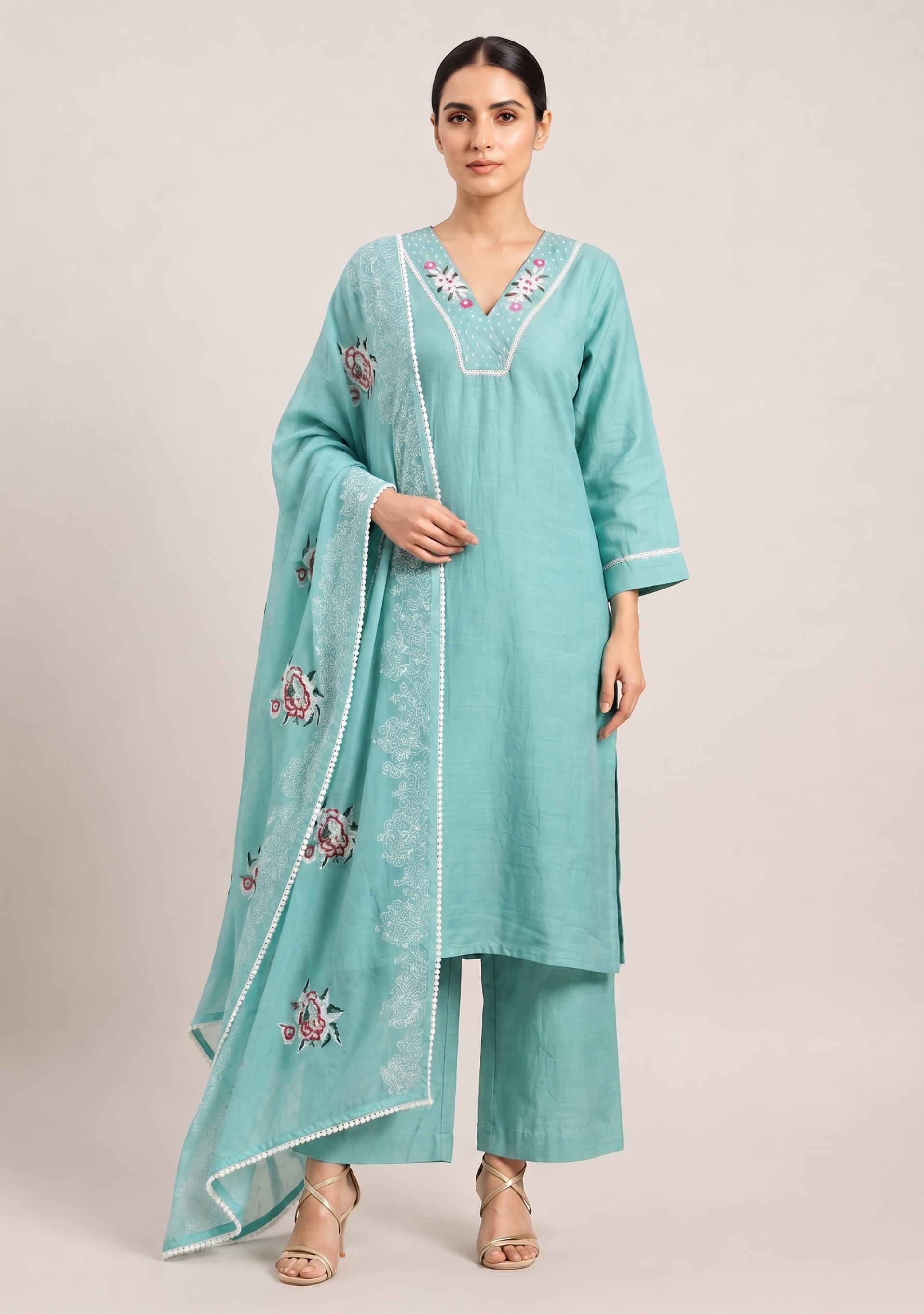 Turquoise Green Chanderi Handcrafted 3pc Suit Set