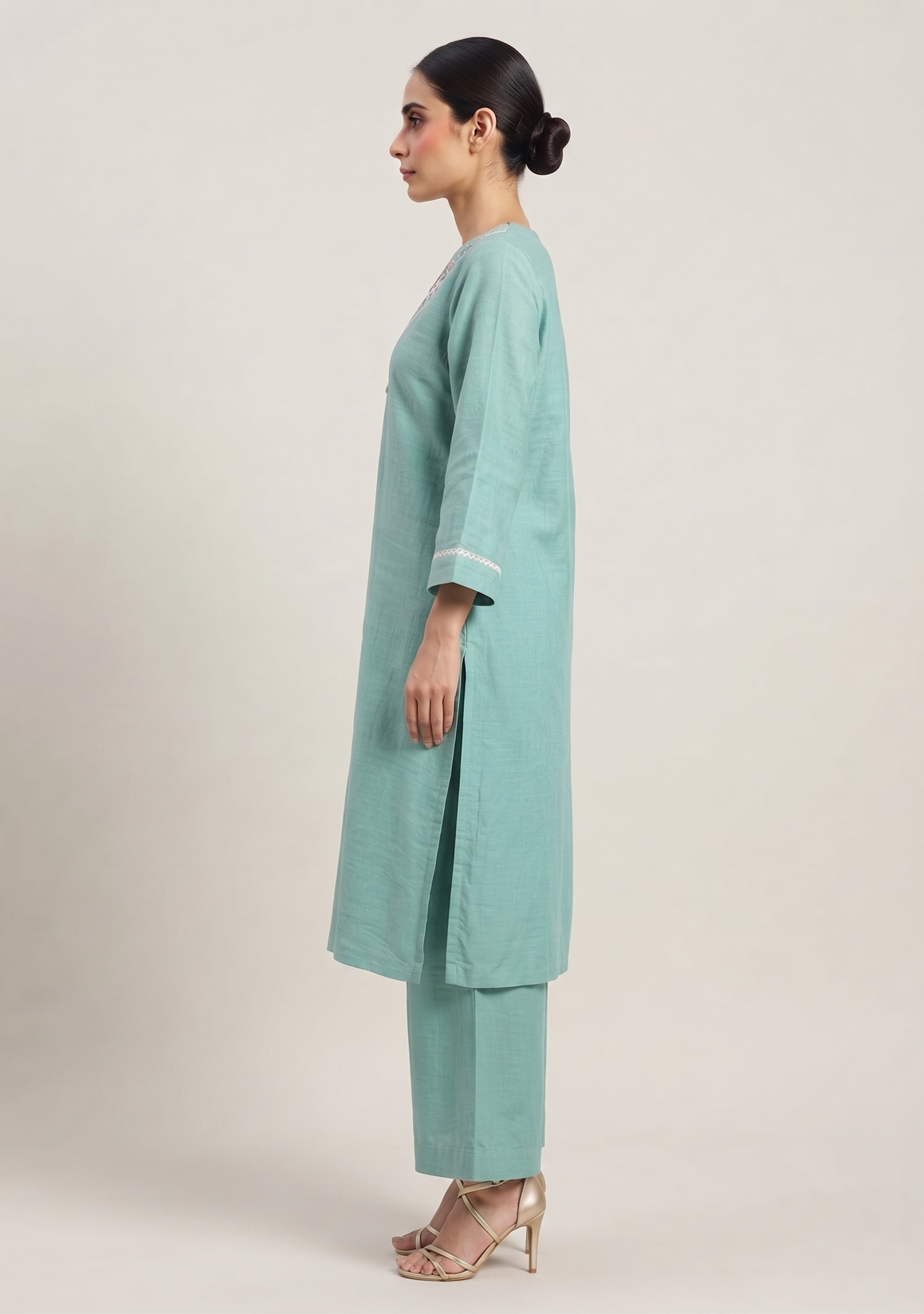 Turquoise Green Chanderi Handcrafted 3pc Suit Set