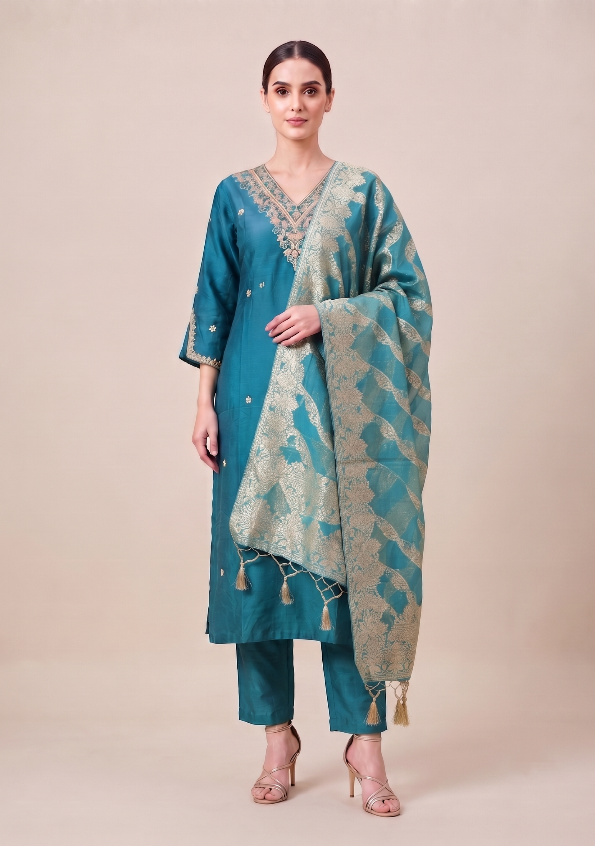 Turquoise Handcrafted Suit Set with Lehariya Banarasi Dupatta