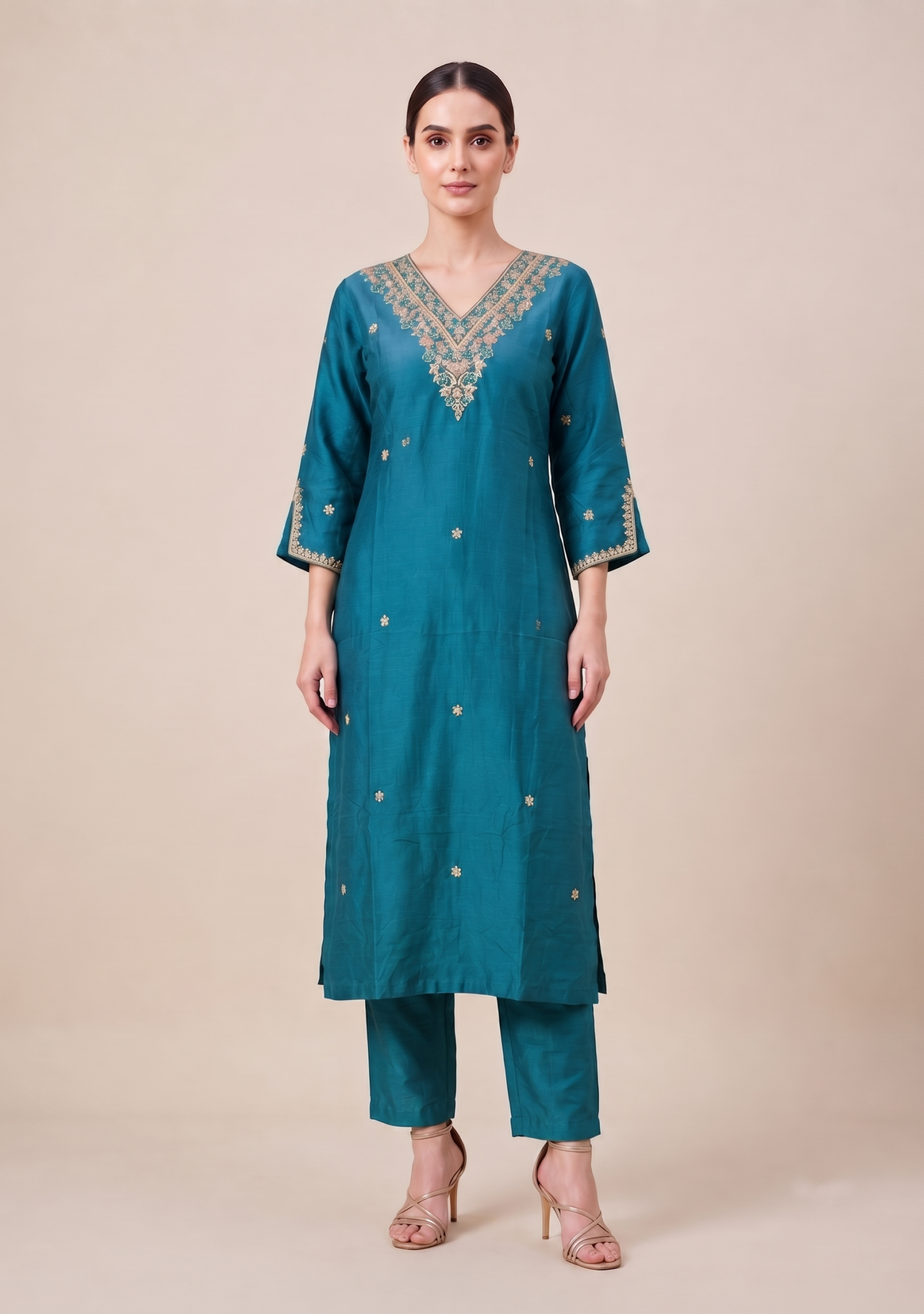 Turquoise Handcrafted Suit Set with Lehariya Banarasi Dupatta