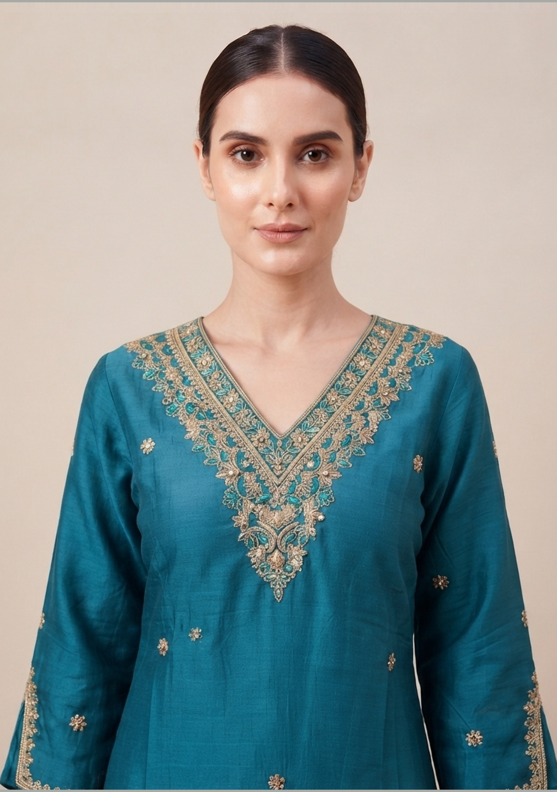 Turquoise Handcrafted Suit Set with Lehariya Banarasi Dupatta