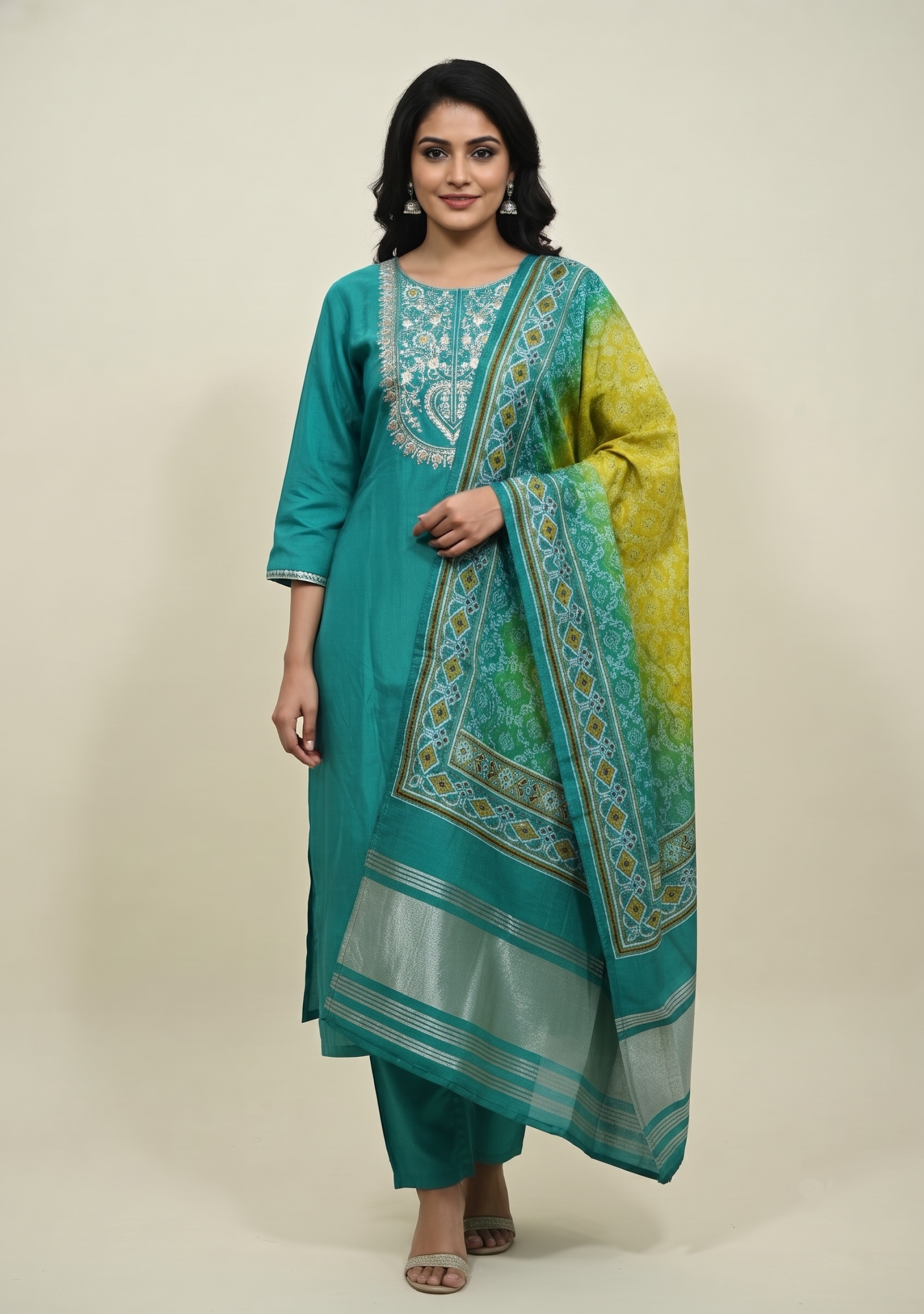 Turquoise Handcrafted Suit with Gajji Dupatta