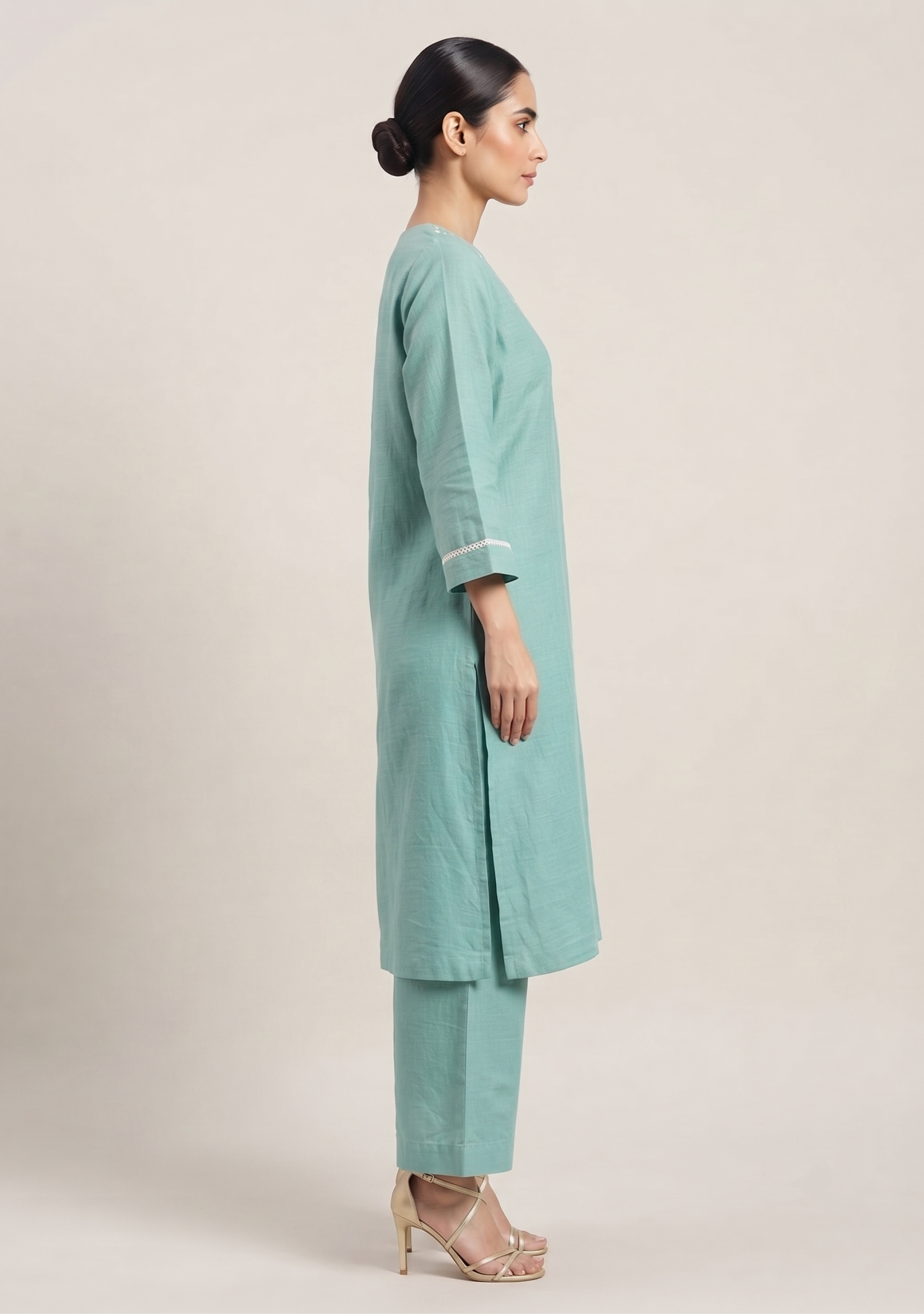 Turquoise Green Chanderi Handcrafted 3pc Suit Set