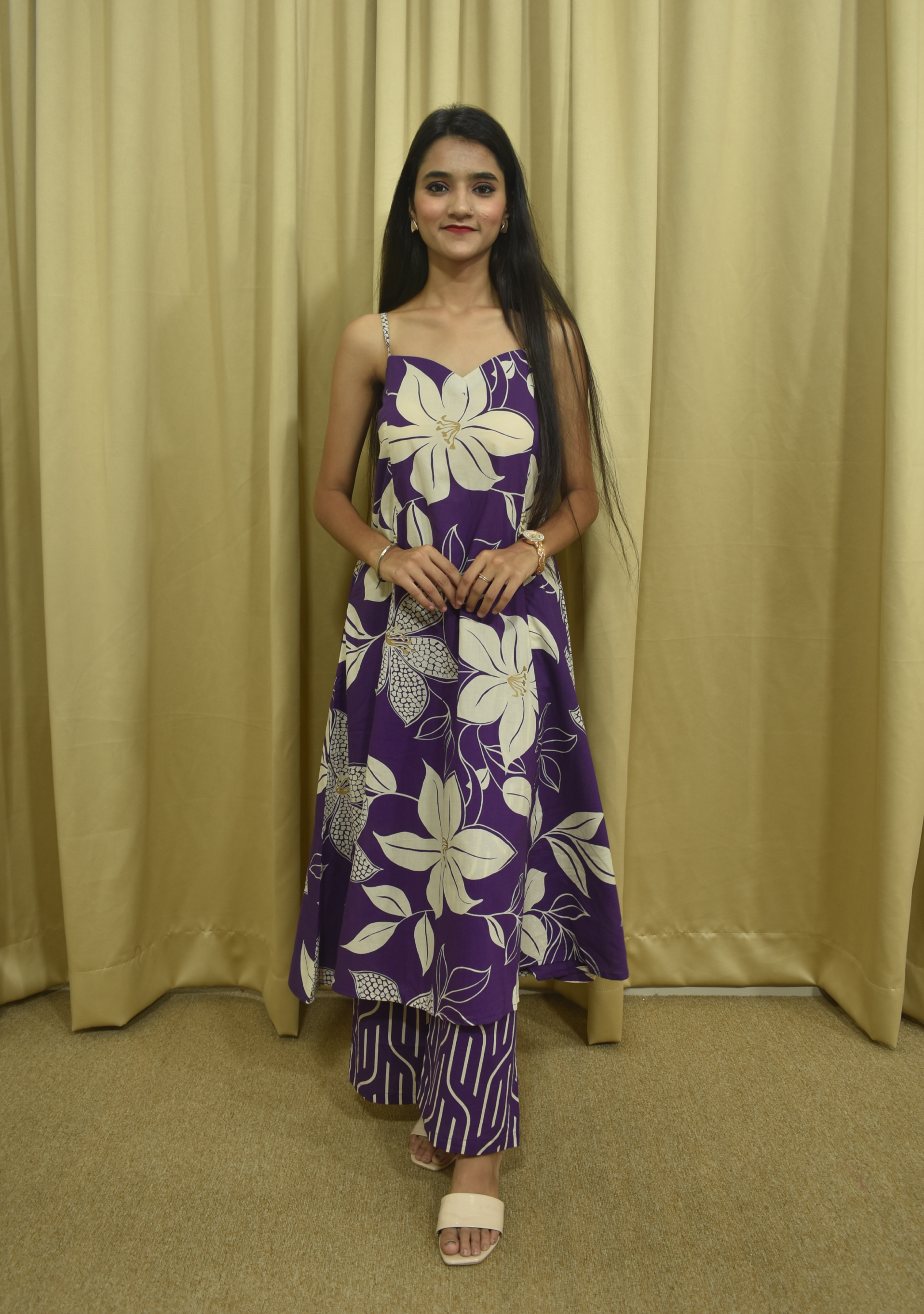 Violet Beige Printed A-line Suit Set