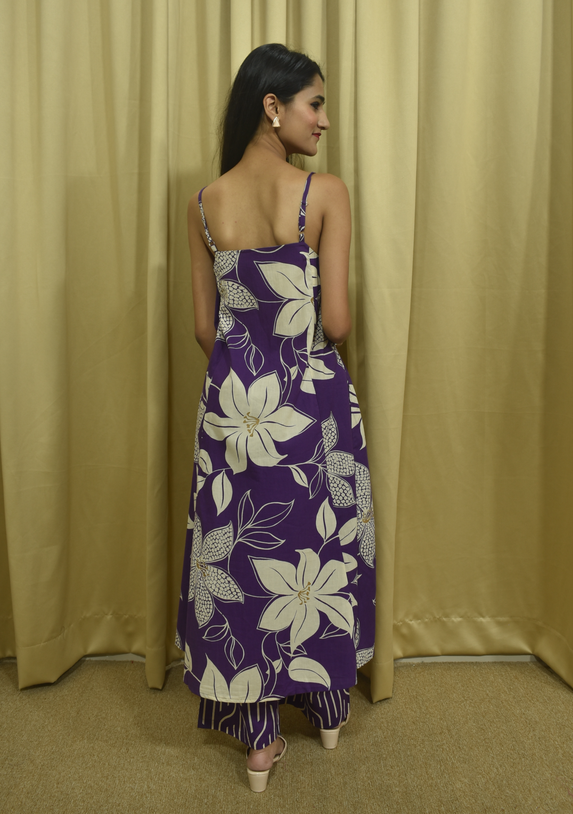 Violet Beige Printed A-line Suit Set