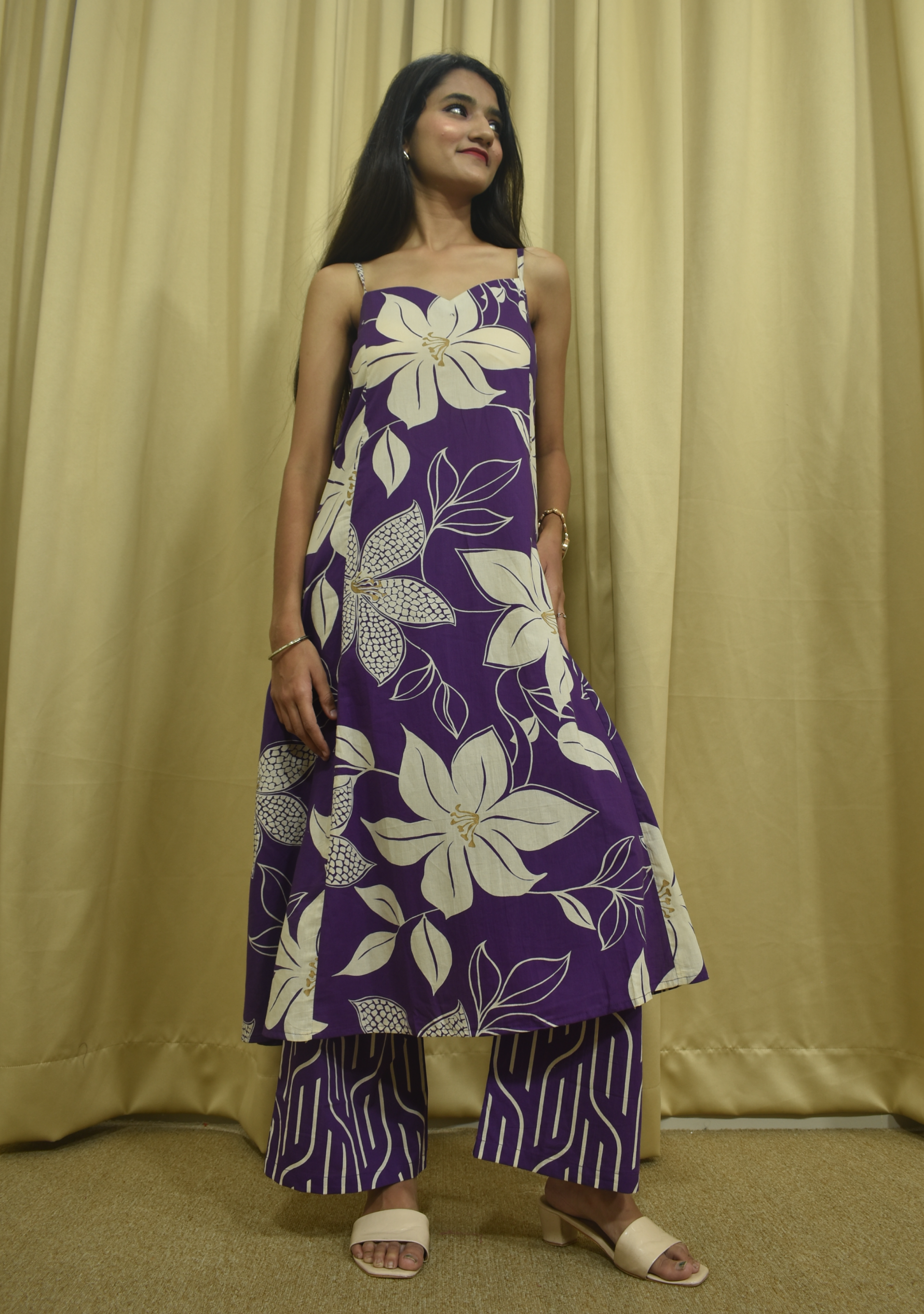 Violet Beige Printed A-line Suit Set