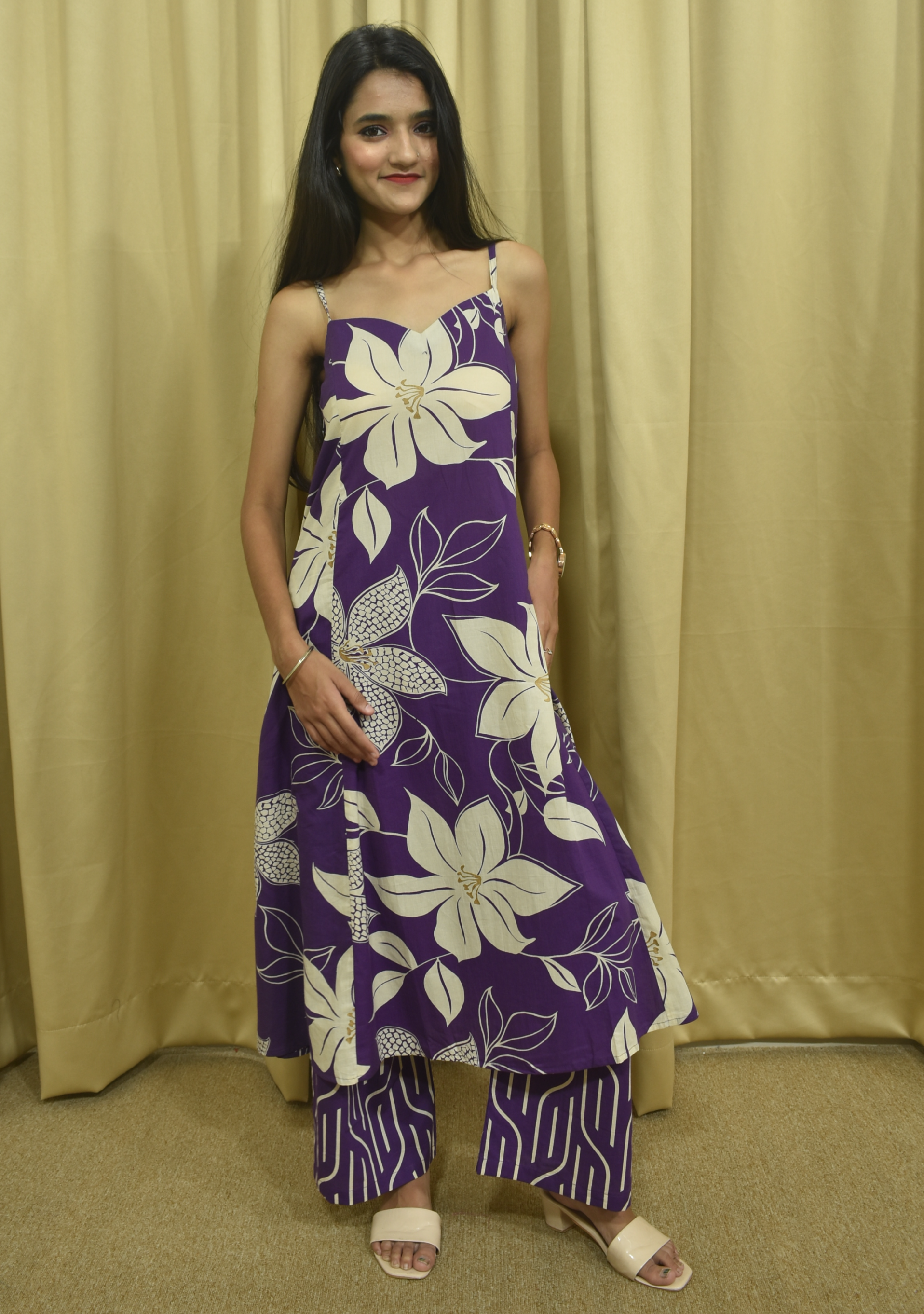 Violet Beige Printed A-line Suit Set