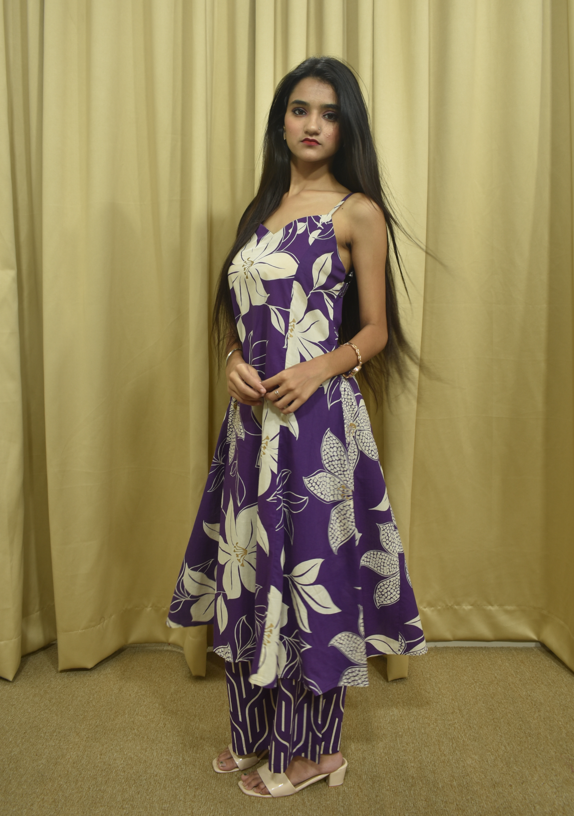 Violet Beige Printed A-line Suit Set
